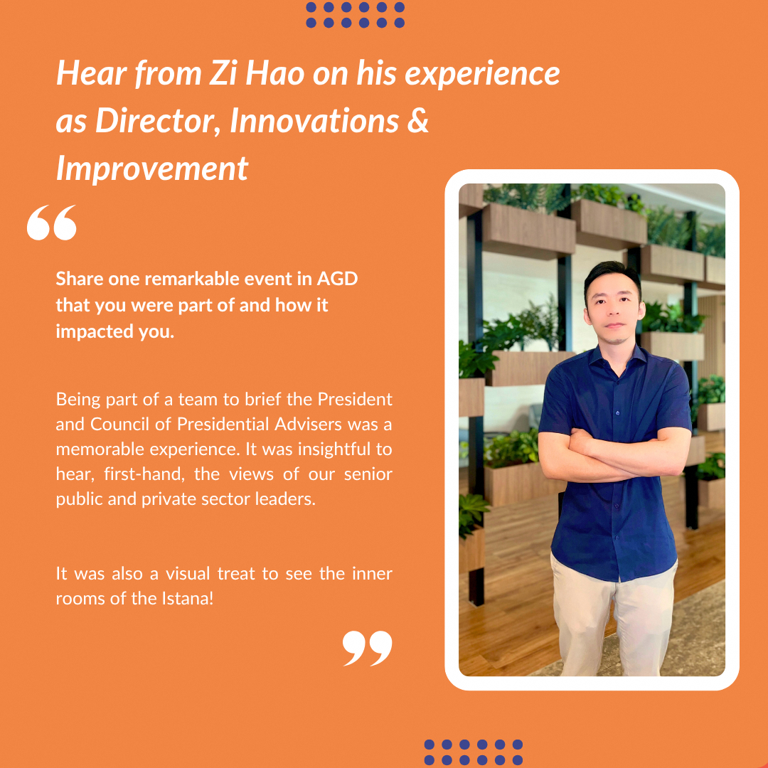 Text describing Zi Hao's experience briefing the President and Council of Presidential Advisers, with indoor plants in background.