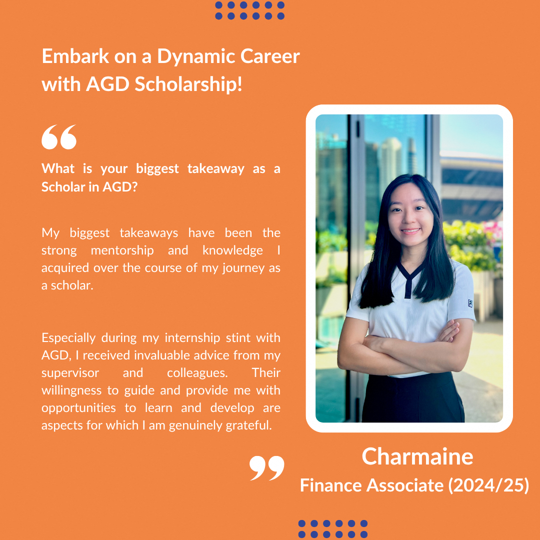 Text on orange background about AGD Scholarship, with person in white shirt and black skirt standing, smiling with arms crossed.