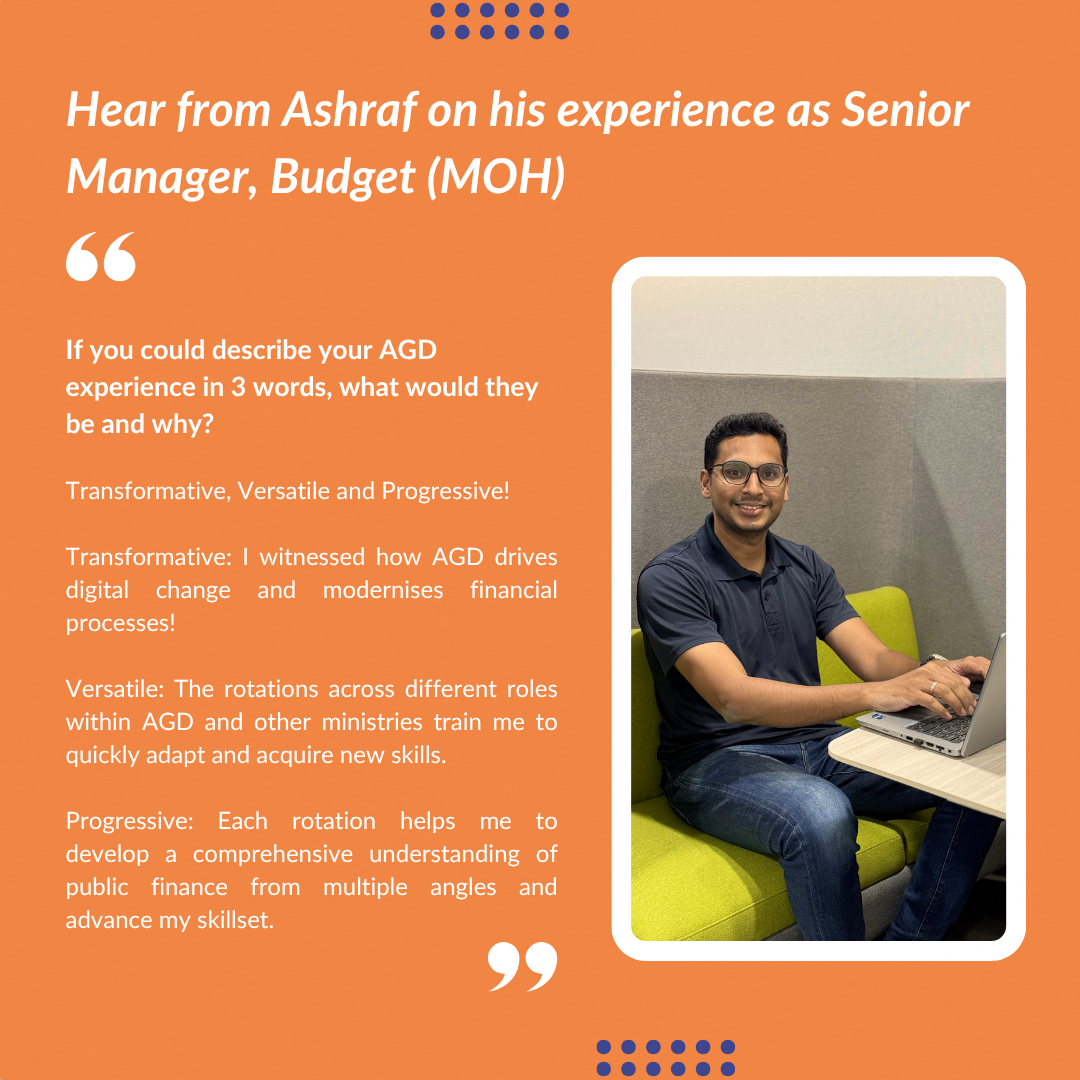 Orange background text on AGD experience, man in blue polo shirt and jeans working on a laptop.