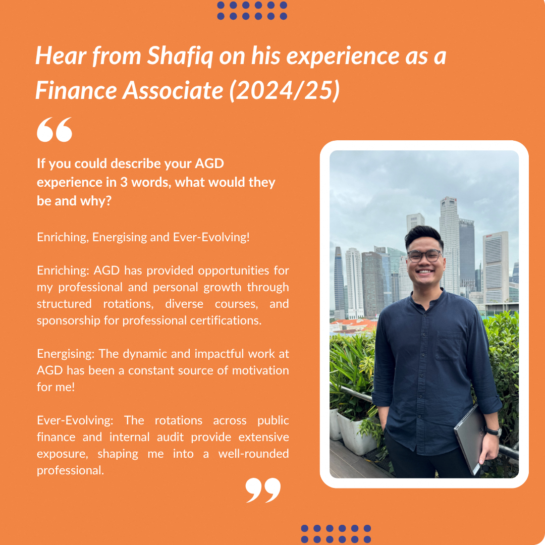 Text highlighting Shafiq's AGD experience as enriching, energising, and ever-evolving; with a man standing in front of skyscrapers.