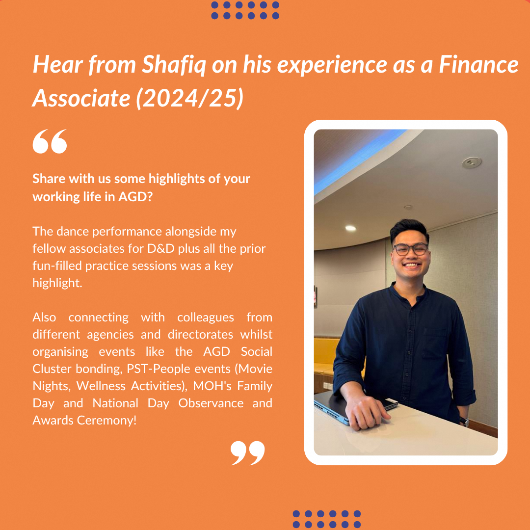 Orange background with text describing a Finance Associate's work highlights, including dance performance and event organization.