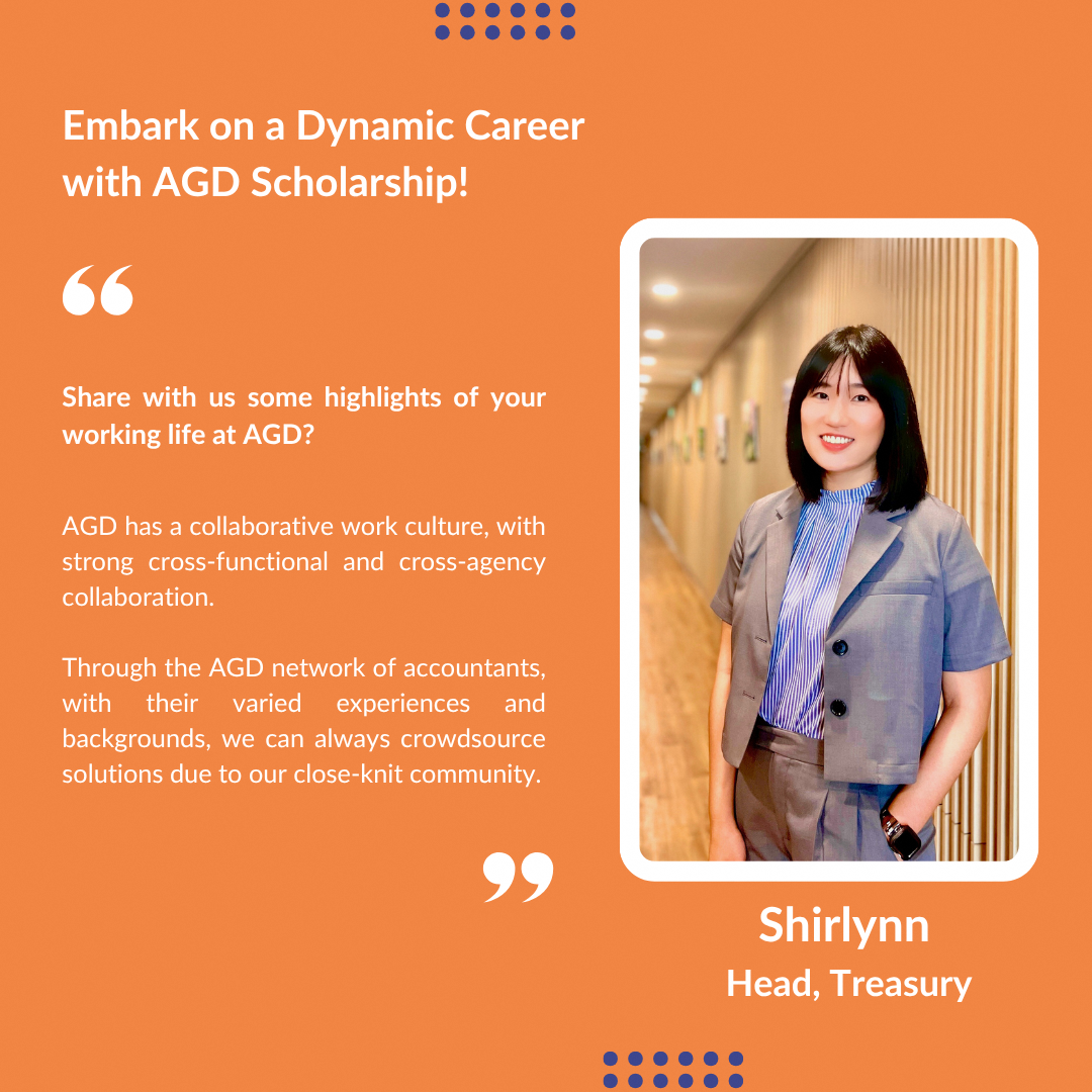 "Embark on a Dynamic Career with AGD Scholarship!" text next to a person in a gray suit labeled "Shirlynn, Head, Treasury."