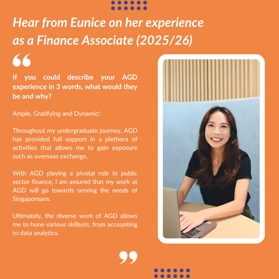 Excerpts from Eunice's experience as a Finance Associate at AGD, praising its dynamic and ample support during her studies.
