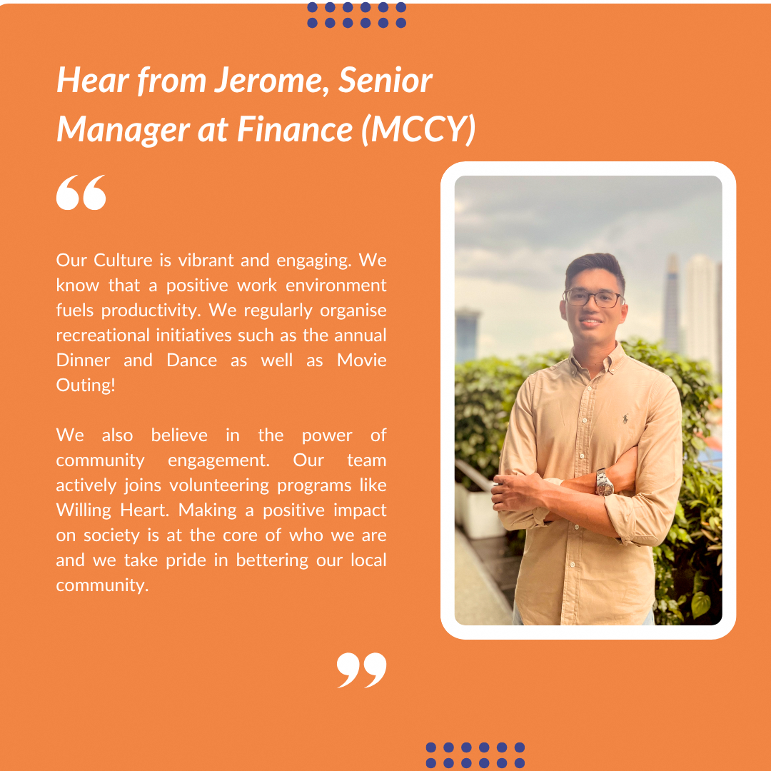 Text highlights a vibrant work culture, community engagement, and recreational initiatives from a senior finance manager at MCCY.