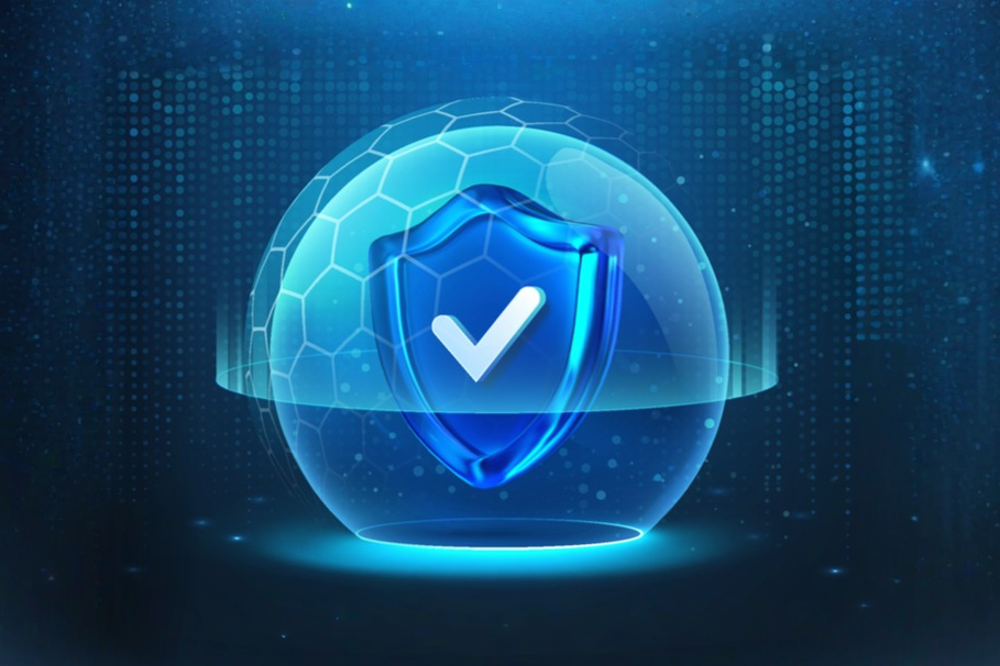 A glowing blue shield with a white checkmark inside a translucent hexagonal sphere on a dark blue background.
