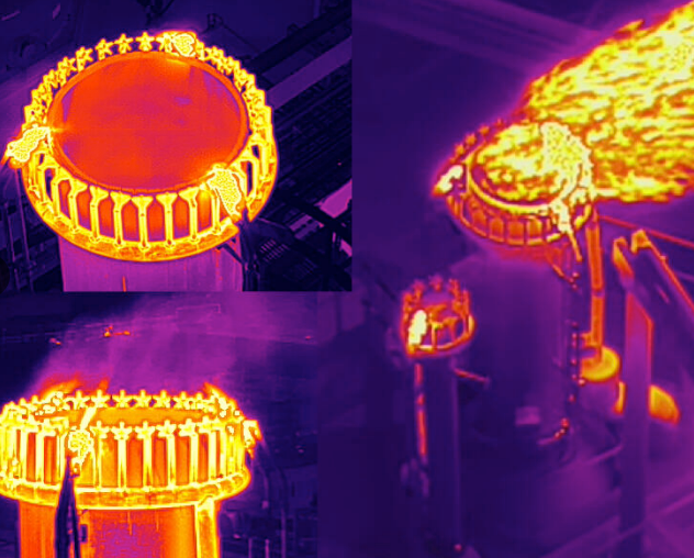 Thermal infrared views of an industrial burner showing heat zones in orange, yellow, and purple tones.