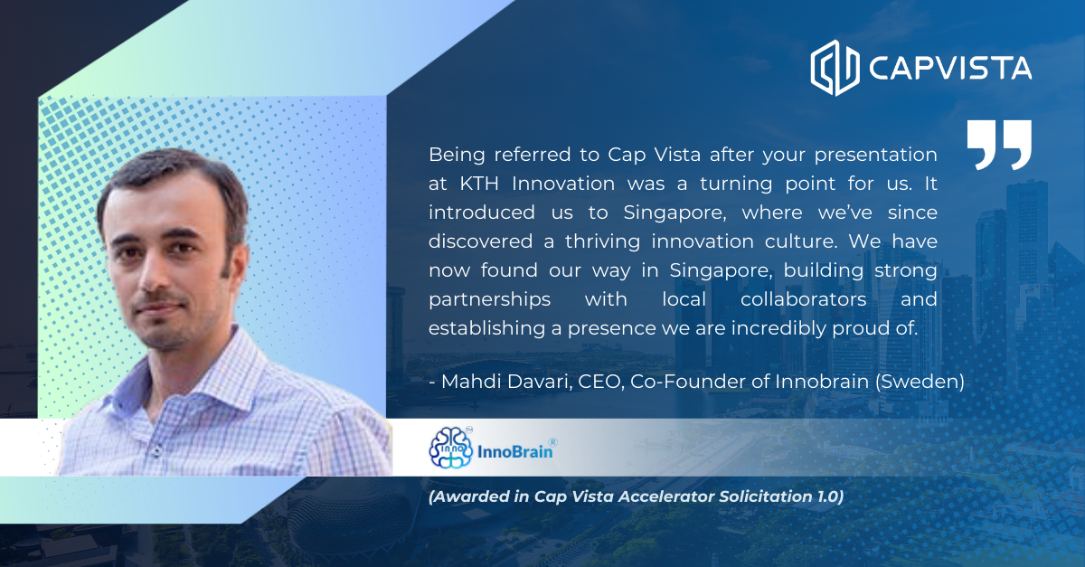 A man's photo beside a quote from Mahdi Davari, CEO of InnoBrain, praising Cap Vista's accelerator program.