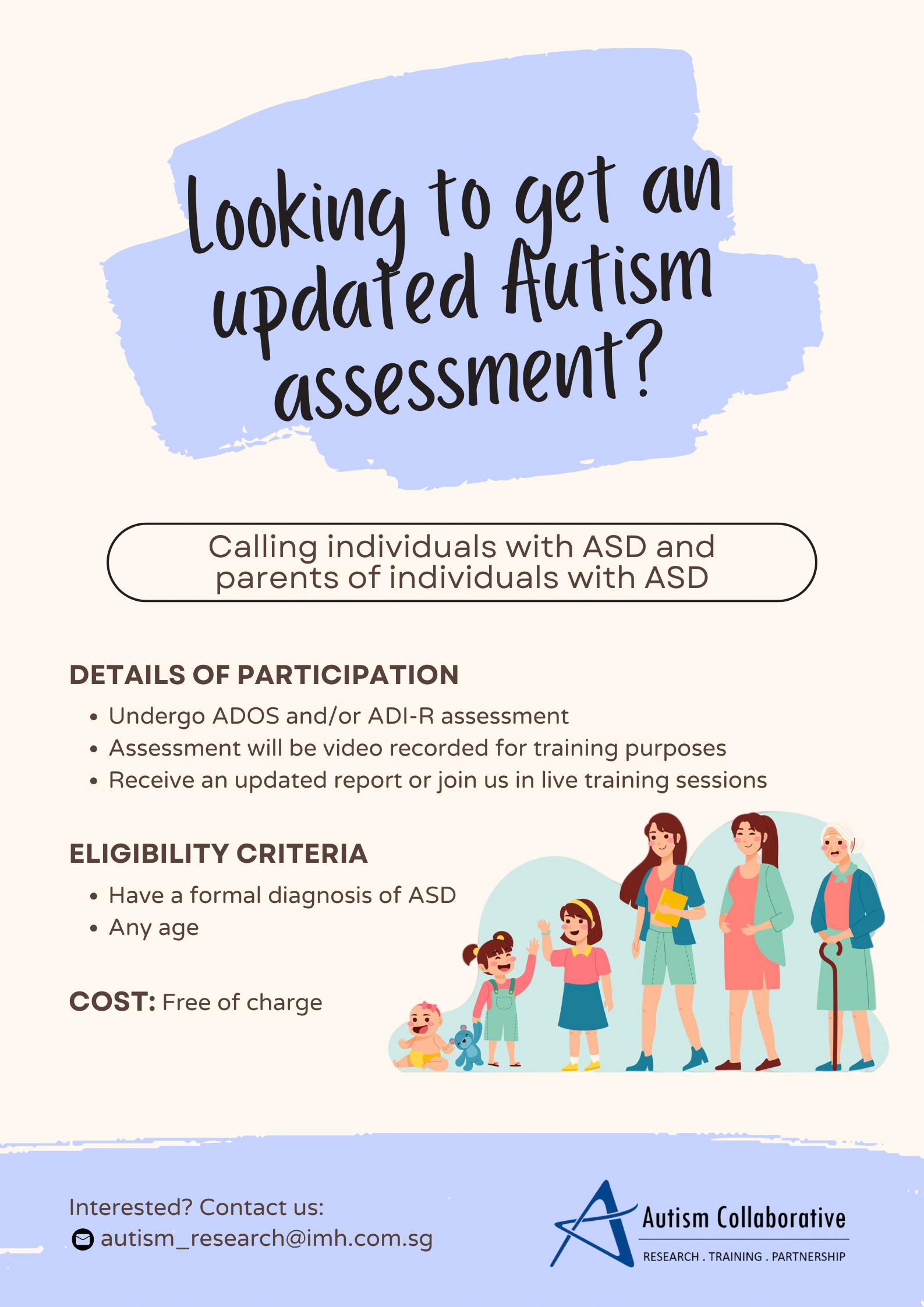 Flyer for updated Autism assessment describing participation details, eligibility criteria, and emphasizing free of charge.