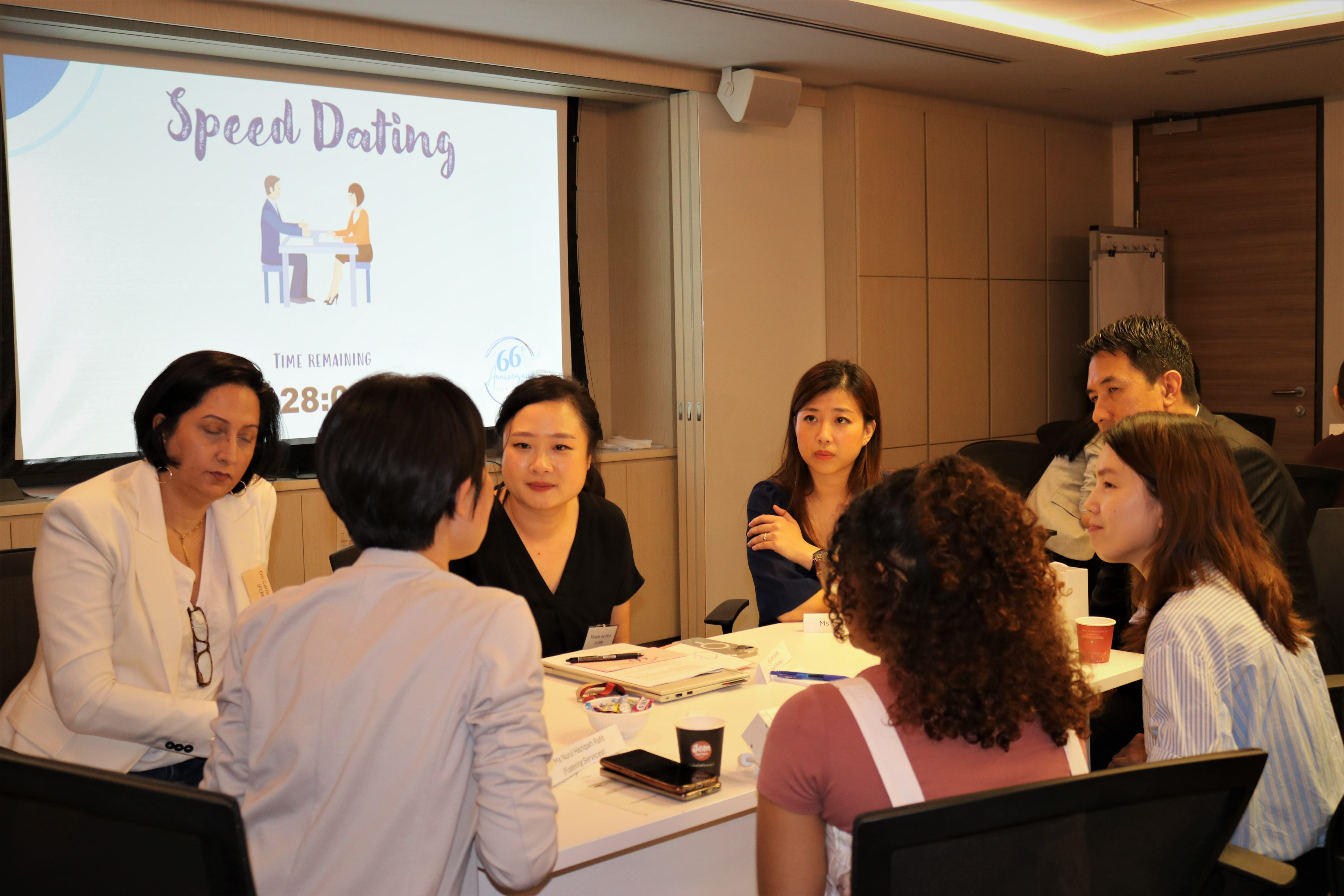 Six people sit around a table in a conference room with a Speed Dating countdown projected on screen behind them.