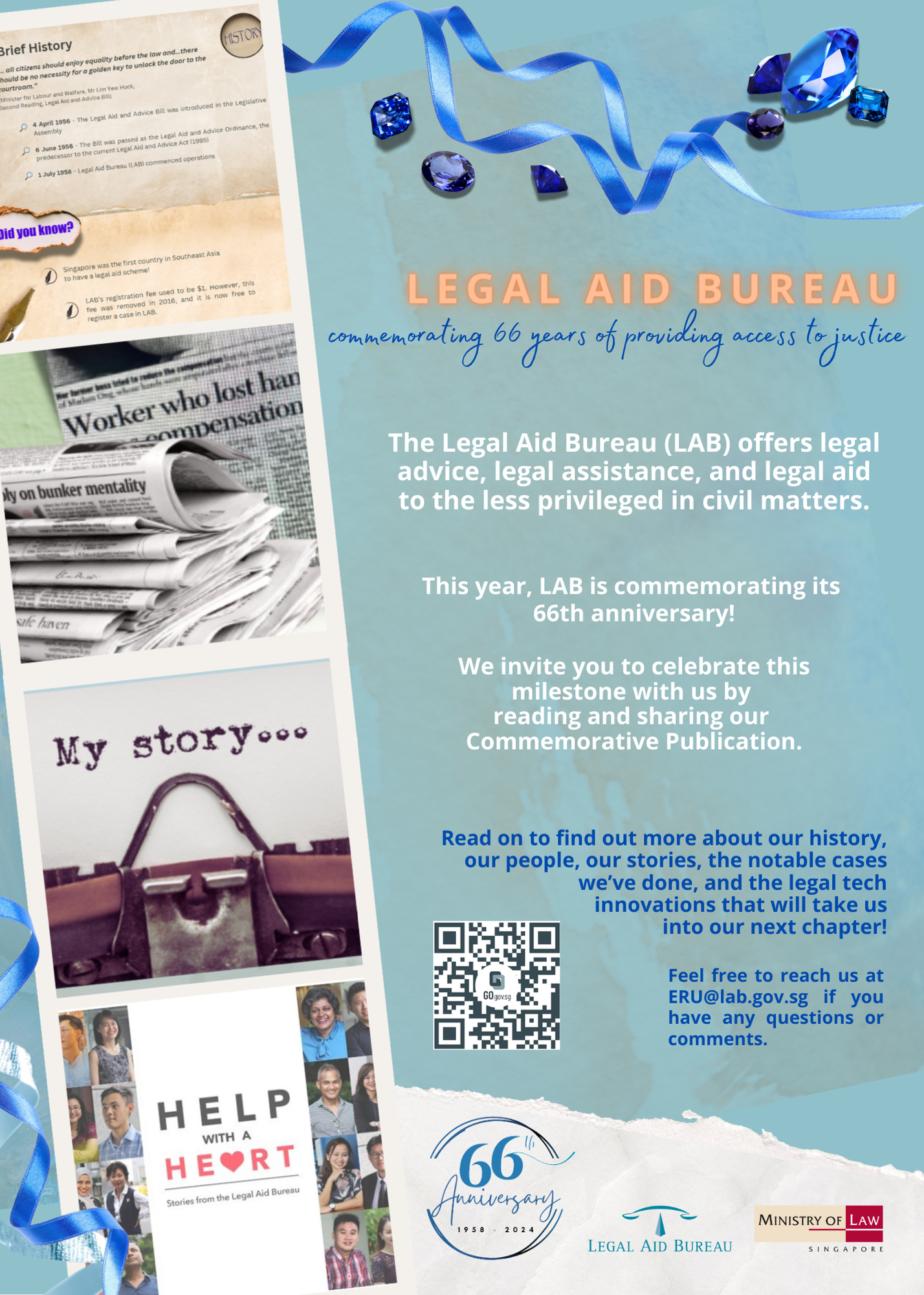 Legal Aid Bureau 66th anniversary poster with blue ribbon, text, QR code, and photo collage on left.