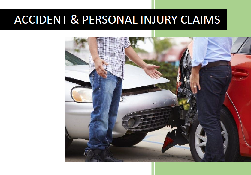 Two men stand between a damaged silver car and a red car after a collision, with bold text reading Accident and Personal Injury Claims.