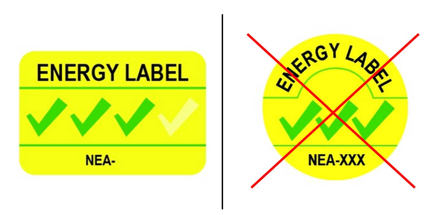Left label with green checks and 4-tick rating scale, right label with the old three-tick rating scale and red cross. From 1 April 2025, it is mandatory for all lamps to carry the refreshed Energy Label with the 4-tick rating scale