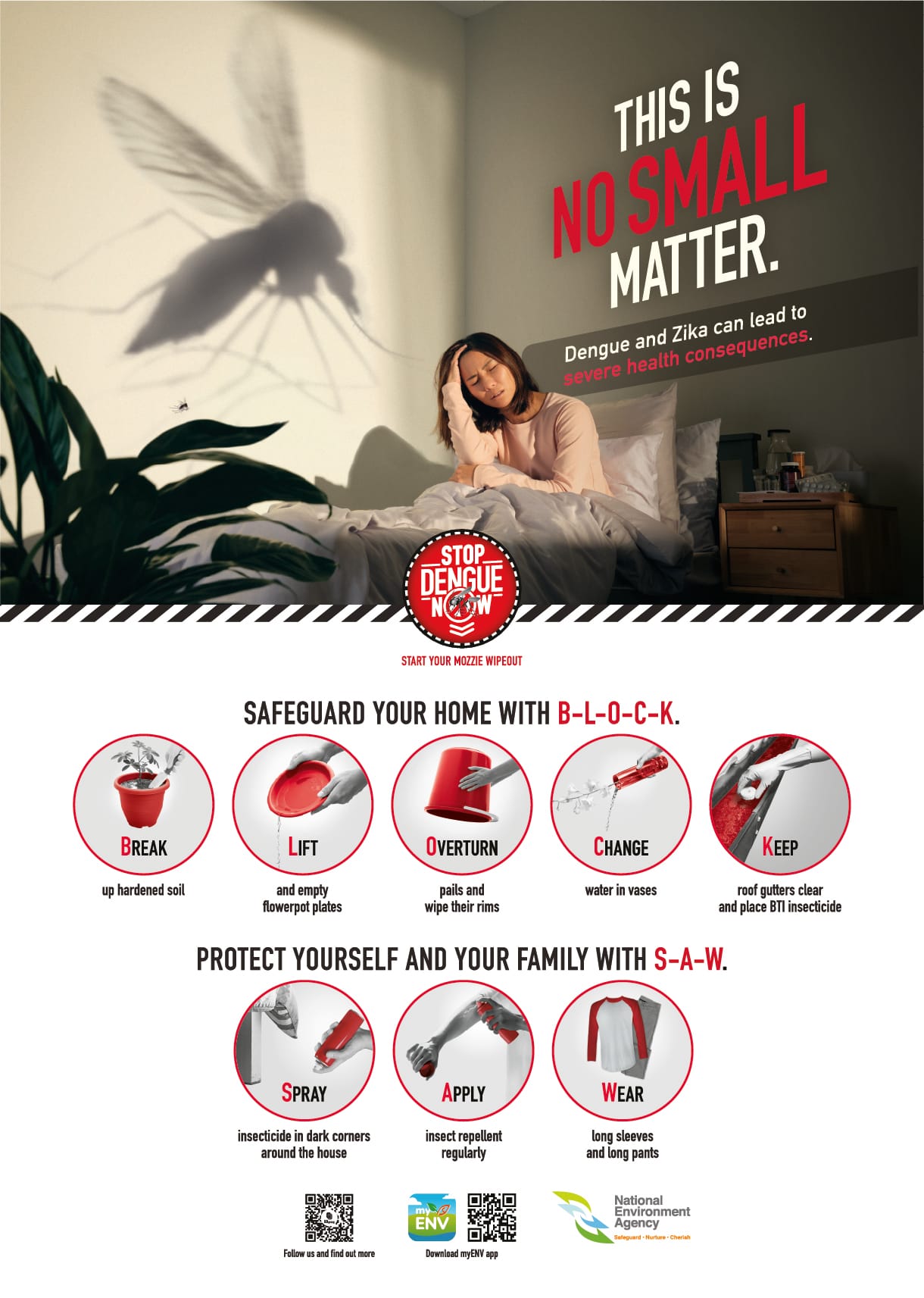 Dengue and Zika awareness poster showing a sick woman in bed, a large mosquito shadow, and B-L-O-C-K and S-A-W prevention tips.