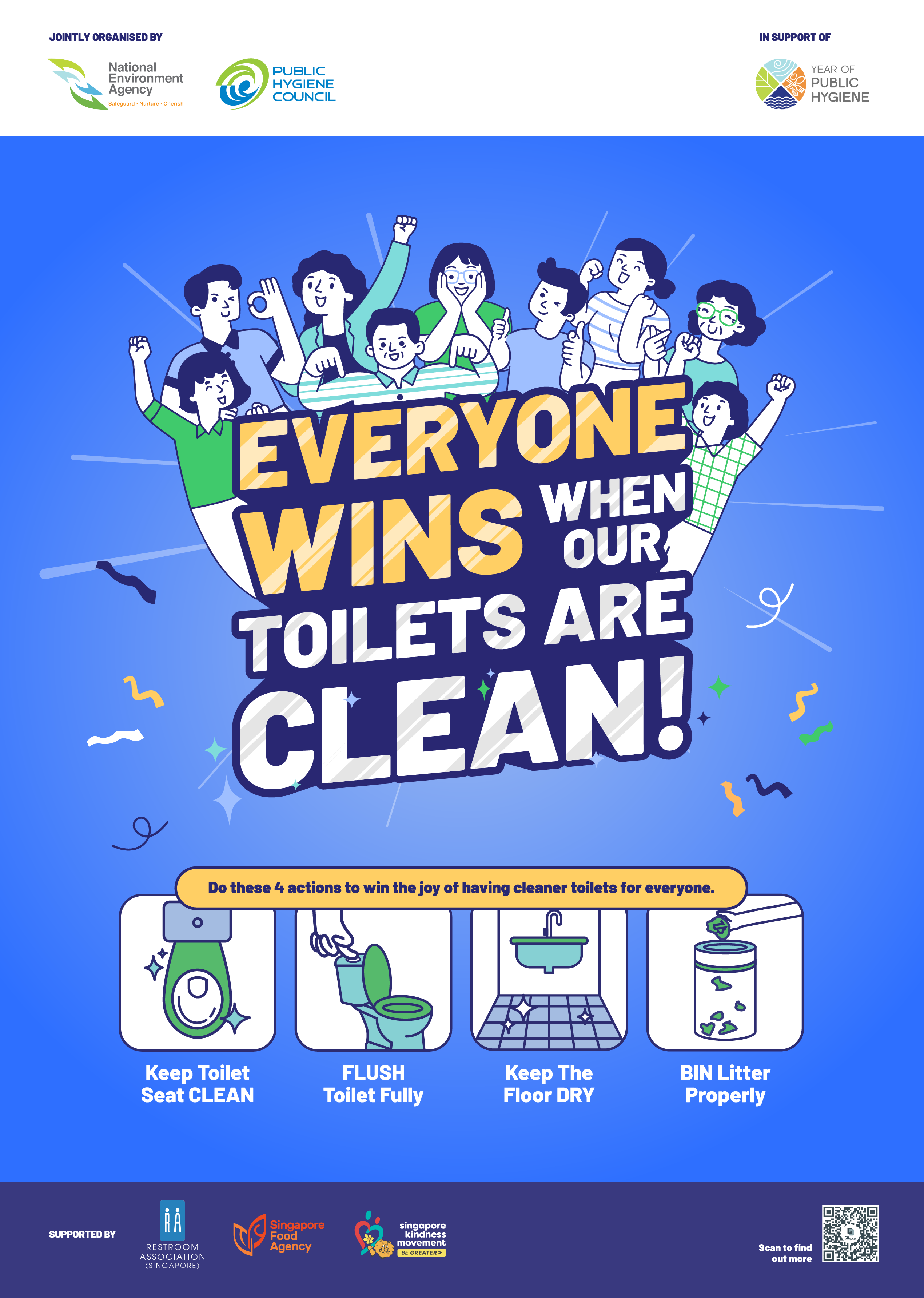 Cleaner Public Toilets key visual showing the 4 winning actions