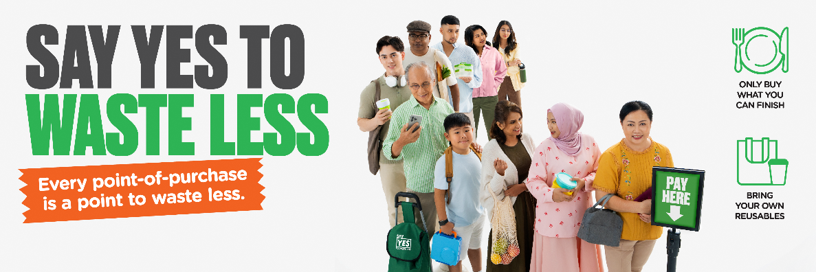 Banner reading "Say Yes to Waste Less" with a diverse group of people carrying reusable bags and containers.