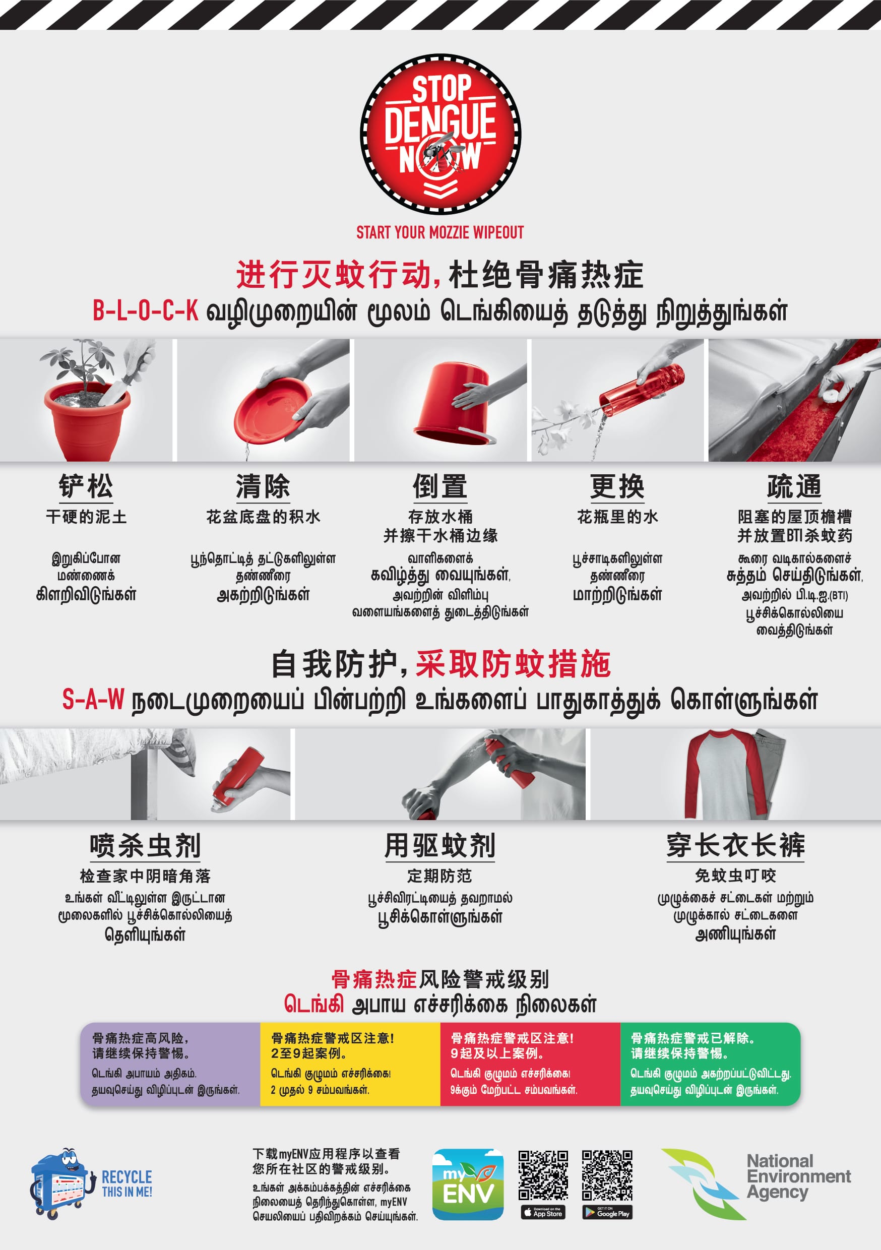 Stop Dengue Now poster in Chinese and Tamil showing steps to eliminate mosquito breeding and personal protection measures.