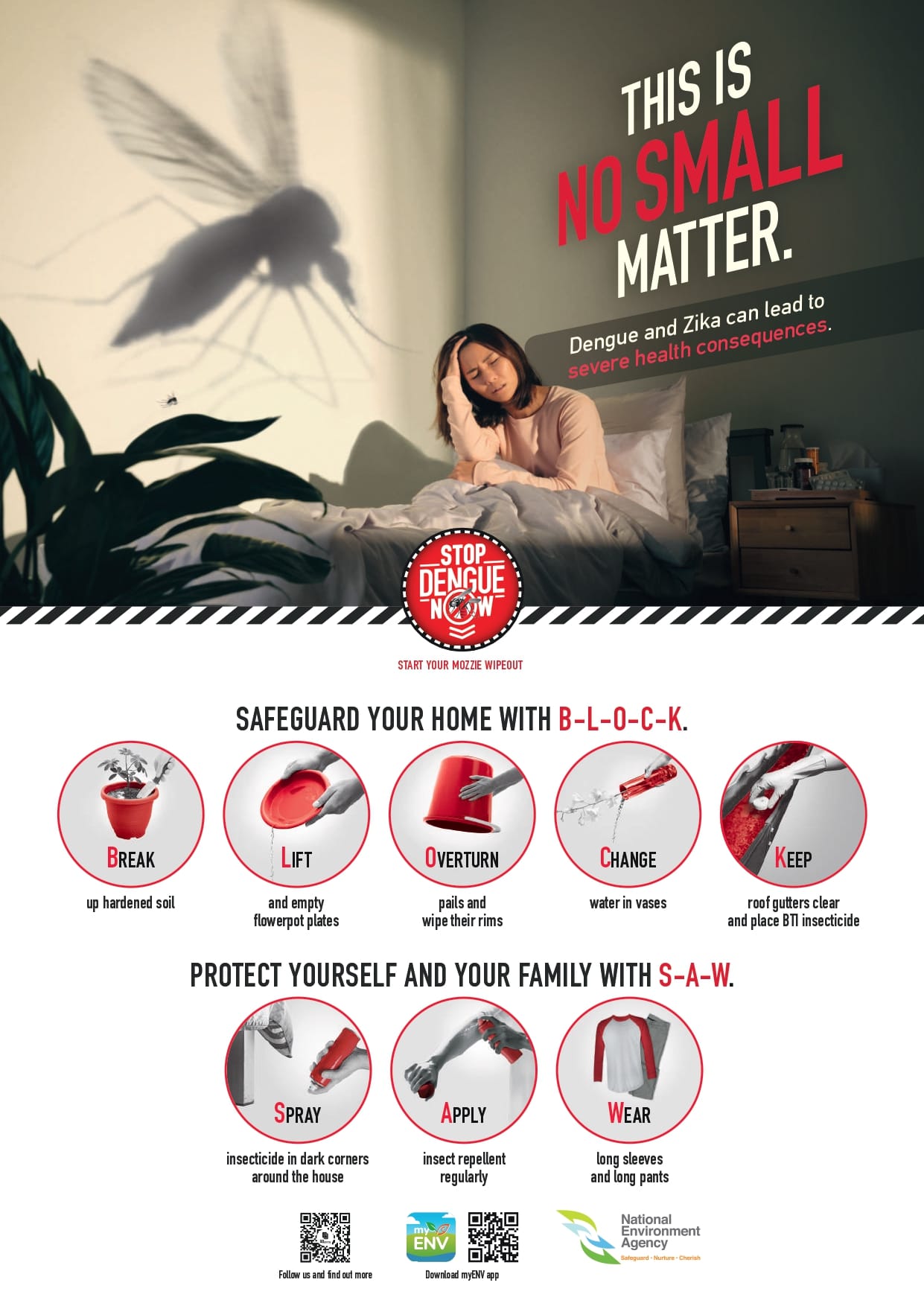 Dengue and Zika prevention poster showing BLOCK and SAW tips