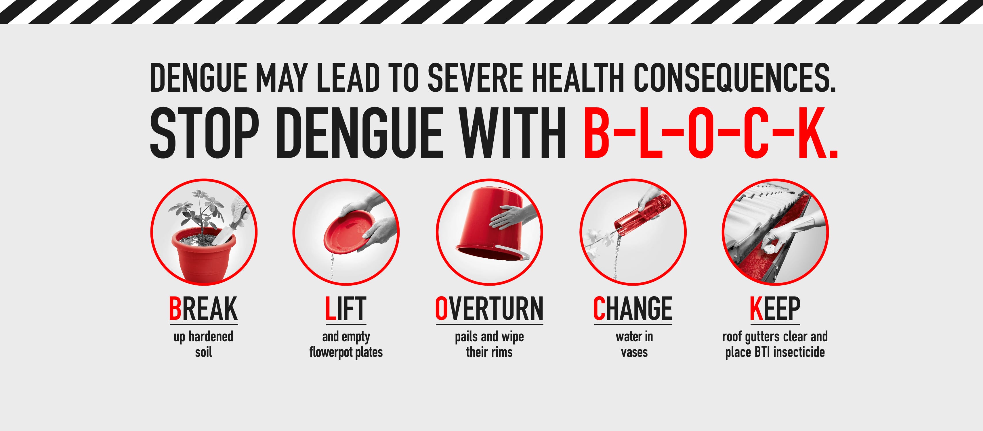 Dengue prevention poster showing five B-L-O-C-K steps: break soil, lift plates, overturn pails, change vase water, keep gutters clear.