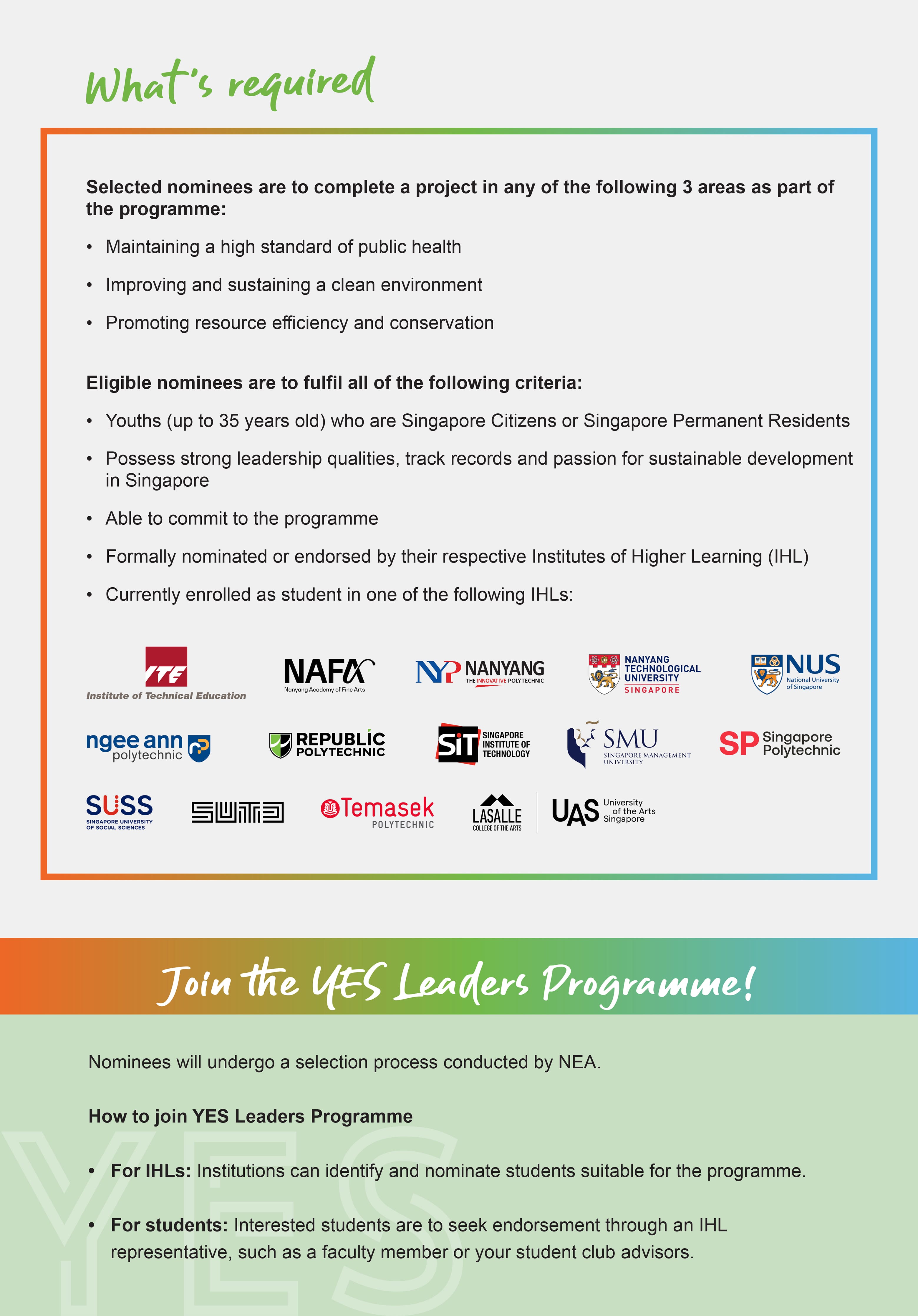 Flyer listing YES Leaders Programme requirements.