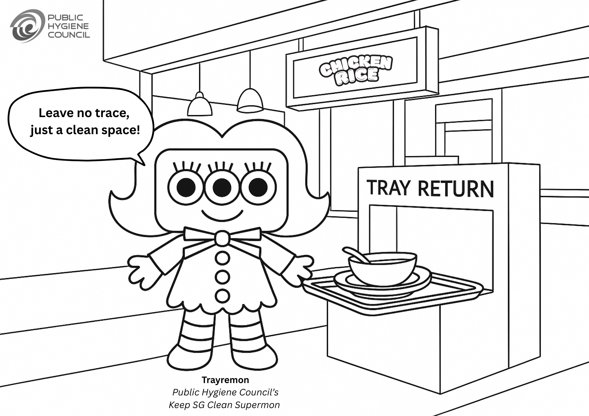 Coloring page of cartoon character Trayremon returning a food tray, saying "Leave no trace, just a clean space!"