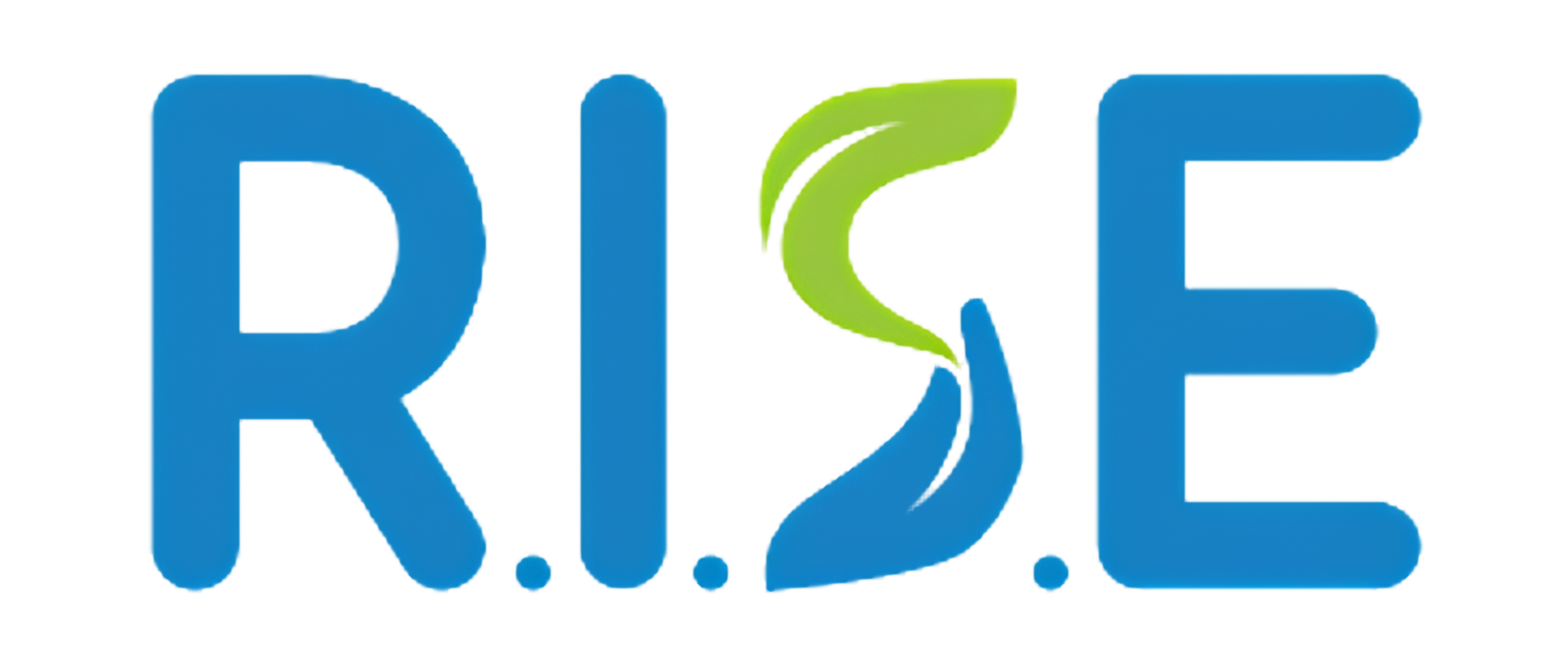 Blue letters R.I.S.E. with a green leaf and hand icon integrated into the S letter.