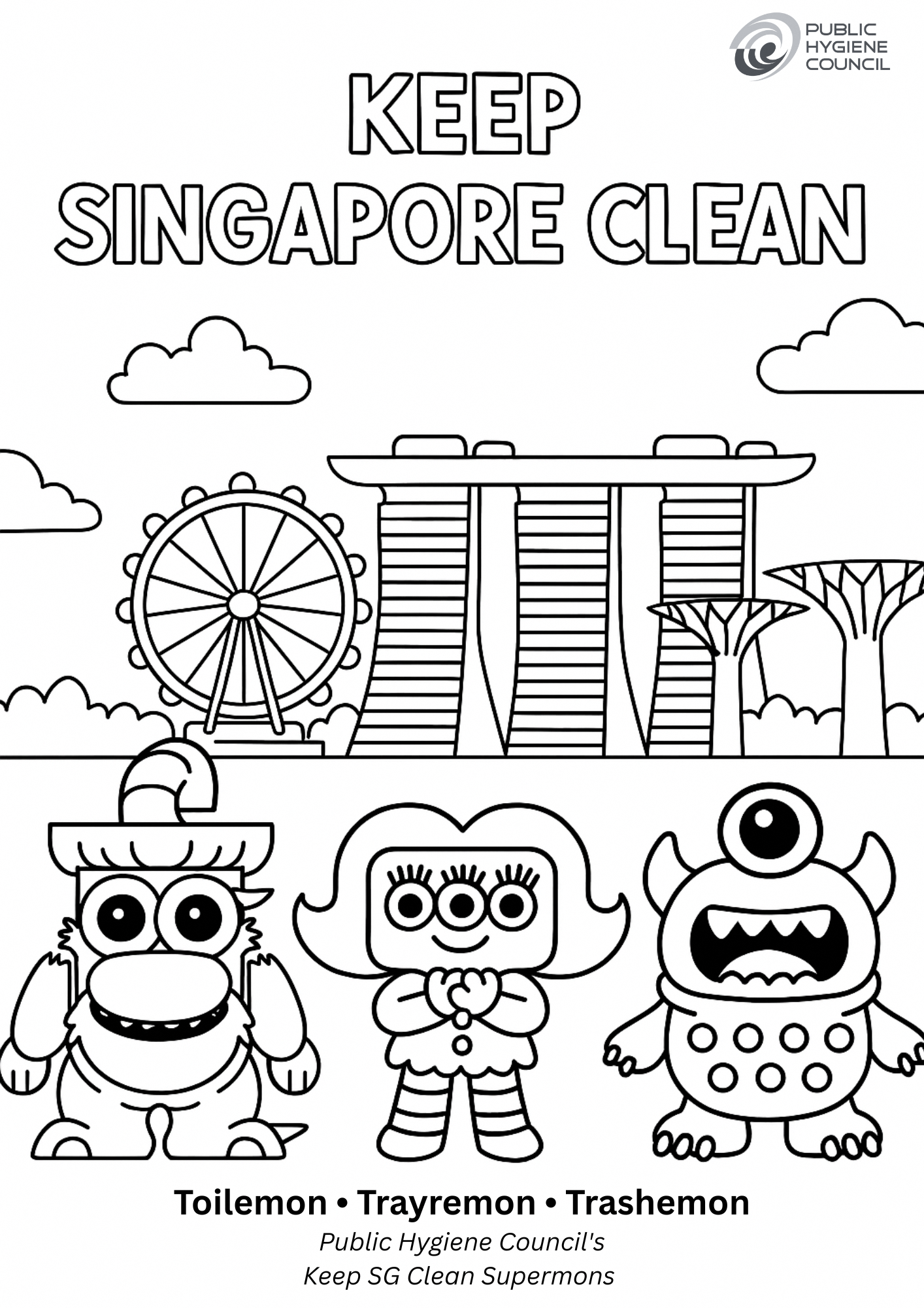 Black and white coloring page with "Keep Singapore Clean" text, cartoon monsters, and Singapore landmarks.