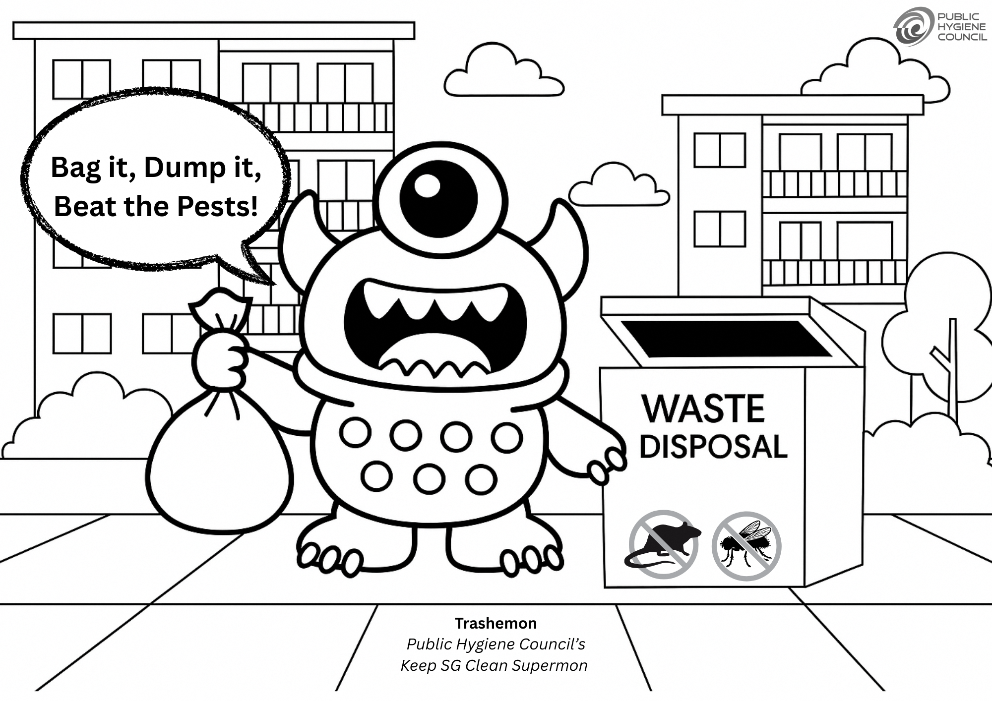 Coloring page of Trashemon, a one-eyed cartoon monster holding a trash bag near a waste disposal bin with no-rat and no-fly symbols.