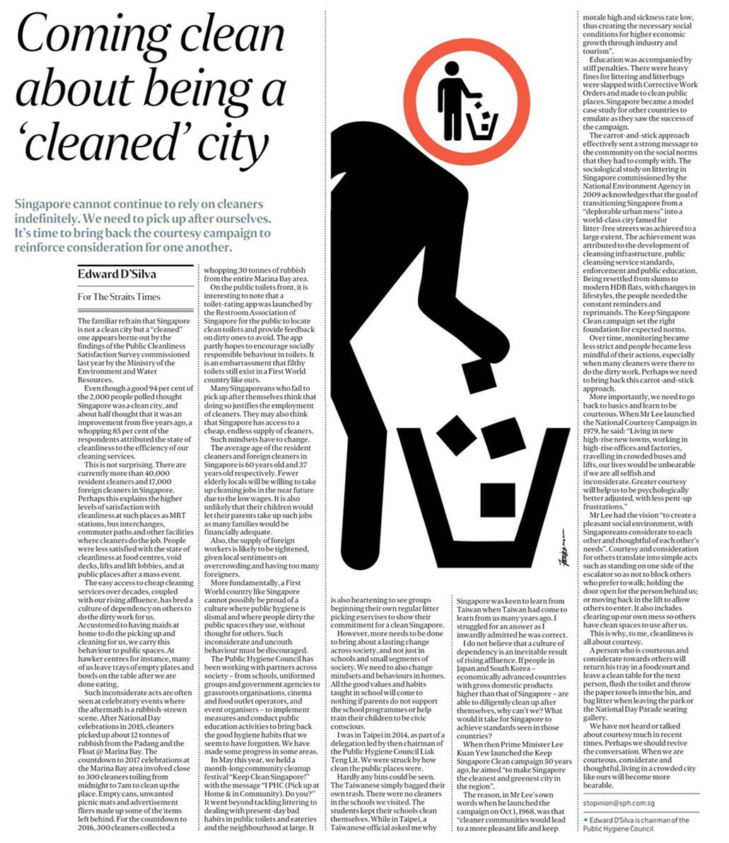 Newspaper article titled "Coming clean about being a cleaned city" with a large icon of a person using a trash bin.