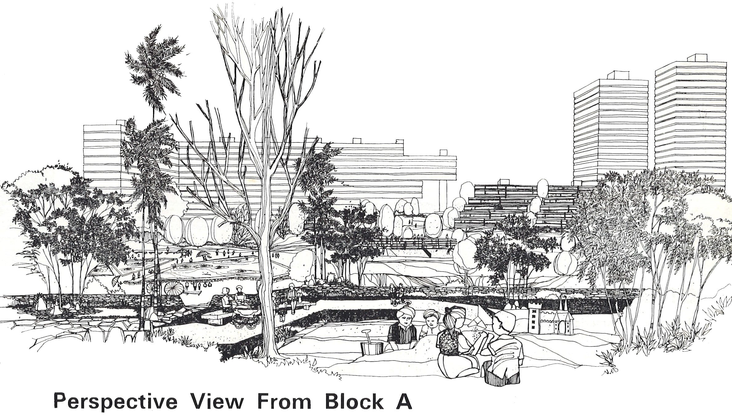 Detailed sketch showing a park with trees, people sitting, and large buildings in the background.