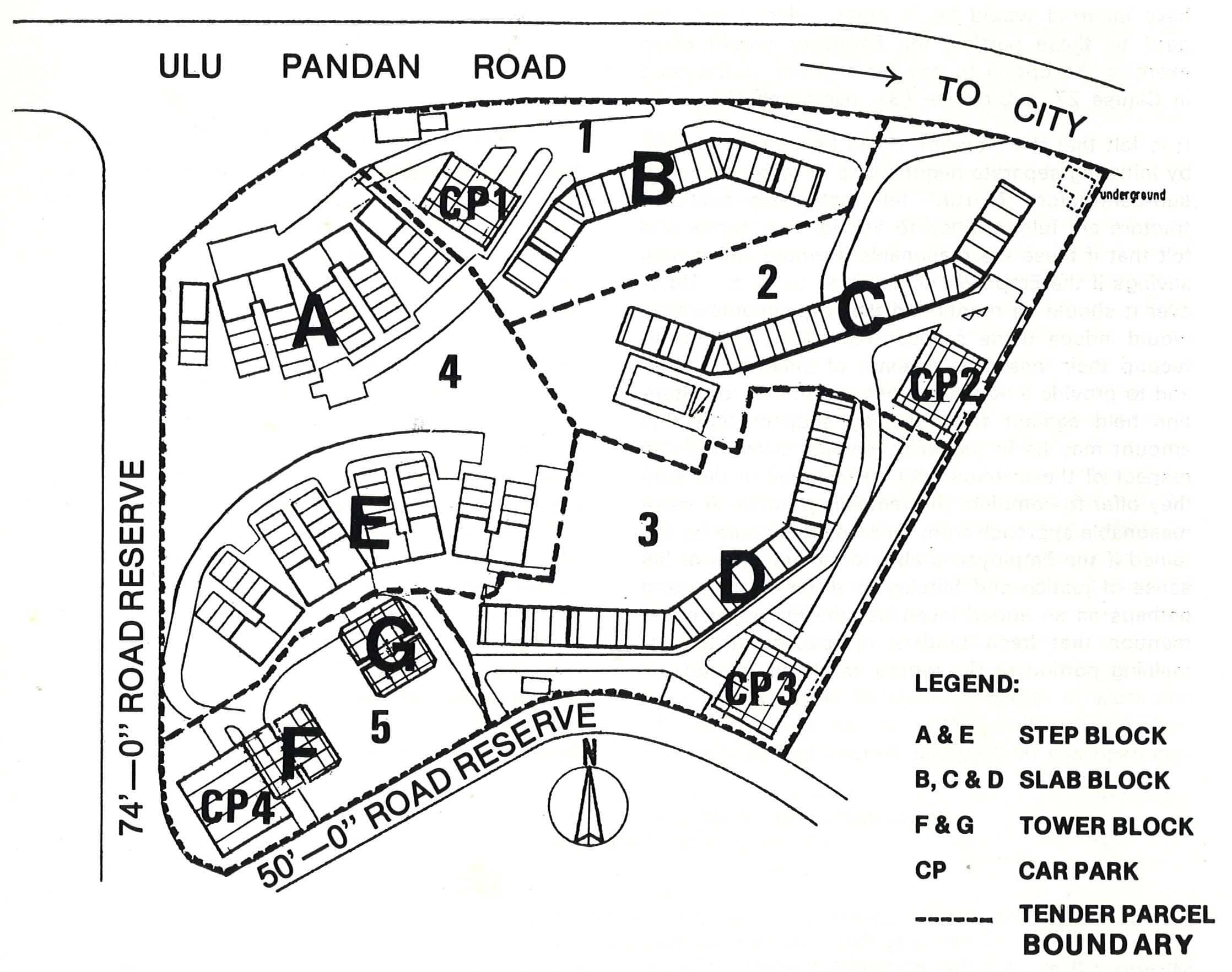 A site plan shows blocks labeled A to G, car parks CP1 to CP4, roads, and parcel boundaries with a legend explaining block types.