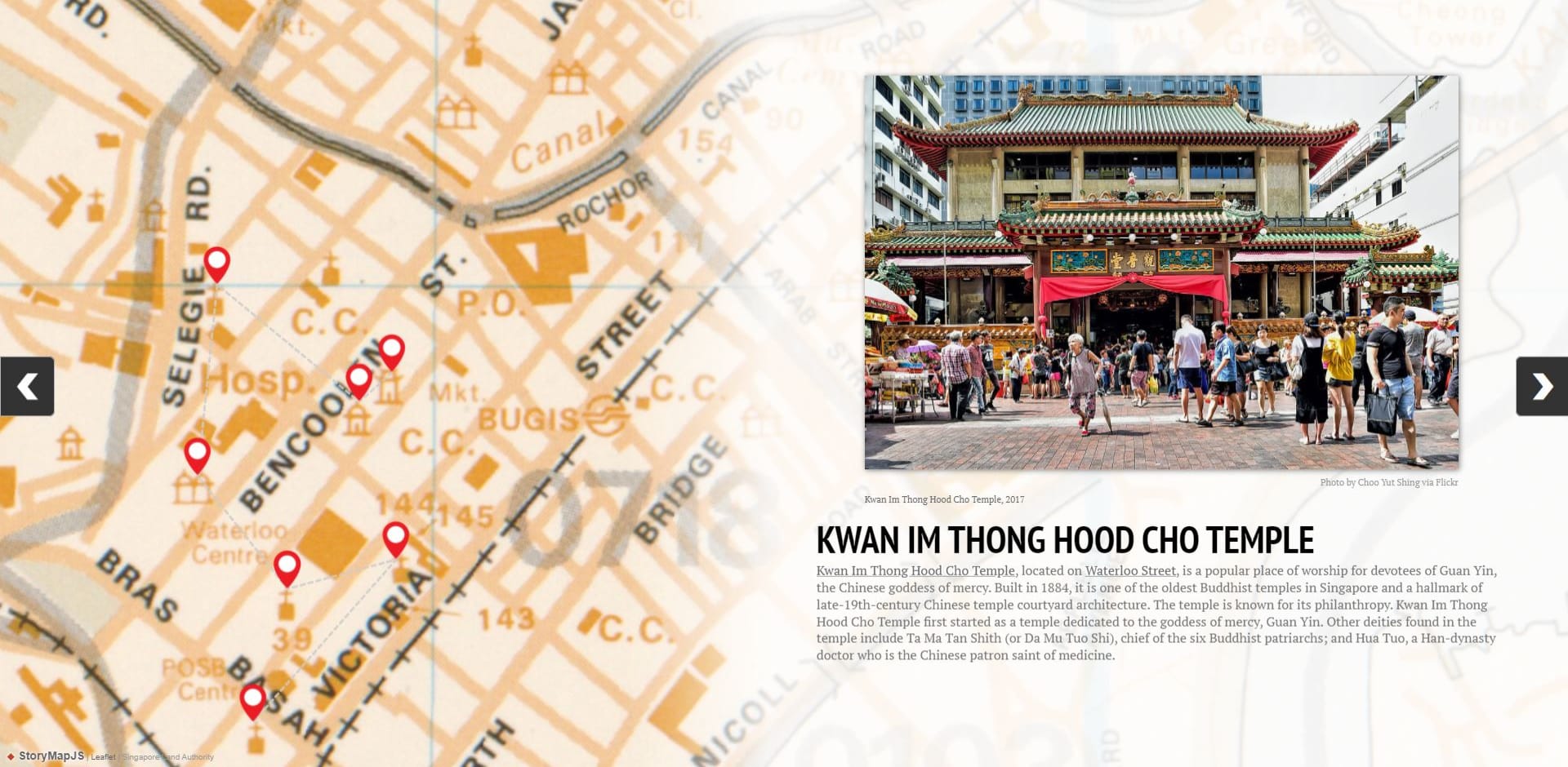 A map with marked locations and a photo of people at the entrance of Kwan Im Thong Hood Cho Temple.