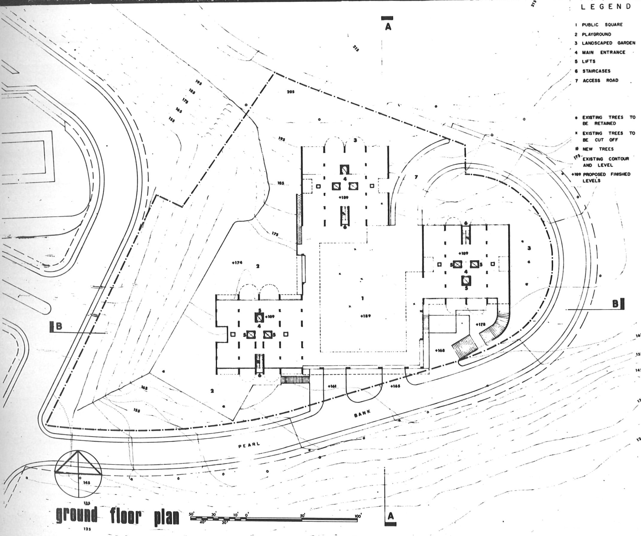 Blueprint of a building's ground floor plan, featuring a layout with rooms, roads, trees, contour lines, and a labeled legend.