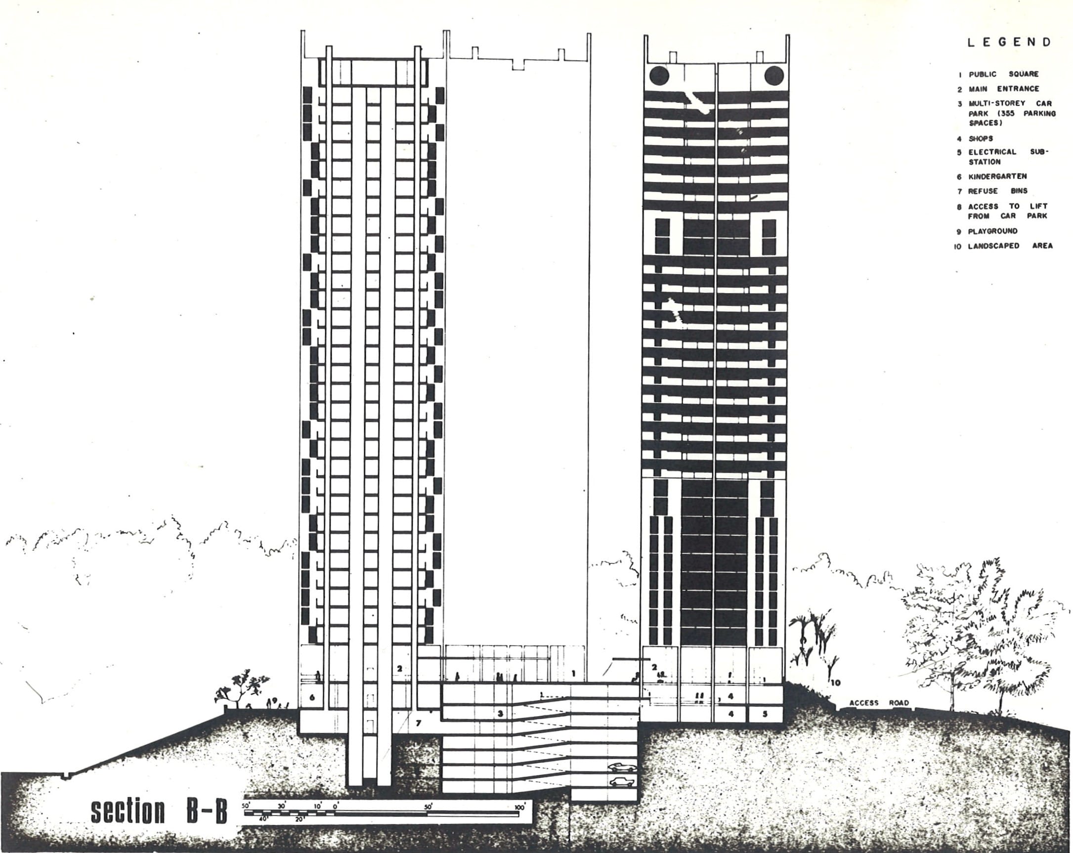 Architectural section of a tall building depicting floor layouts, various sections numbered, and surroundings.