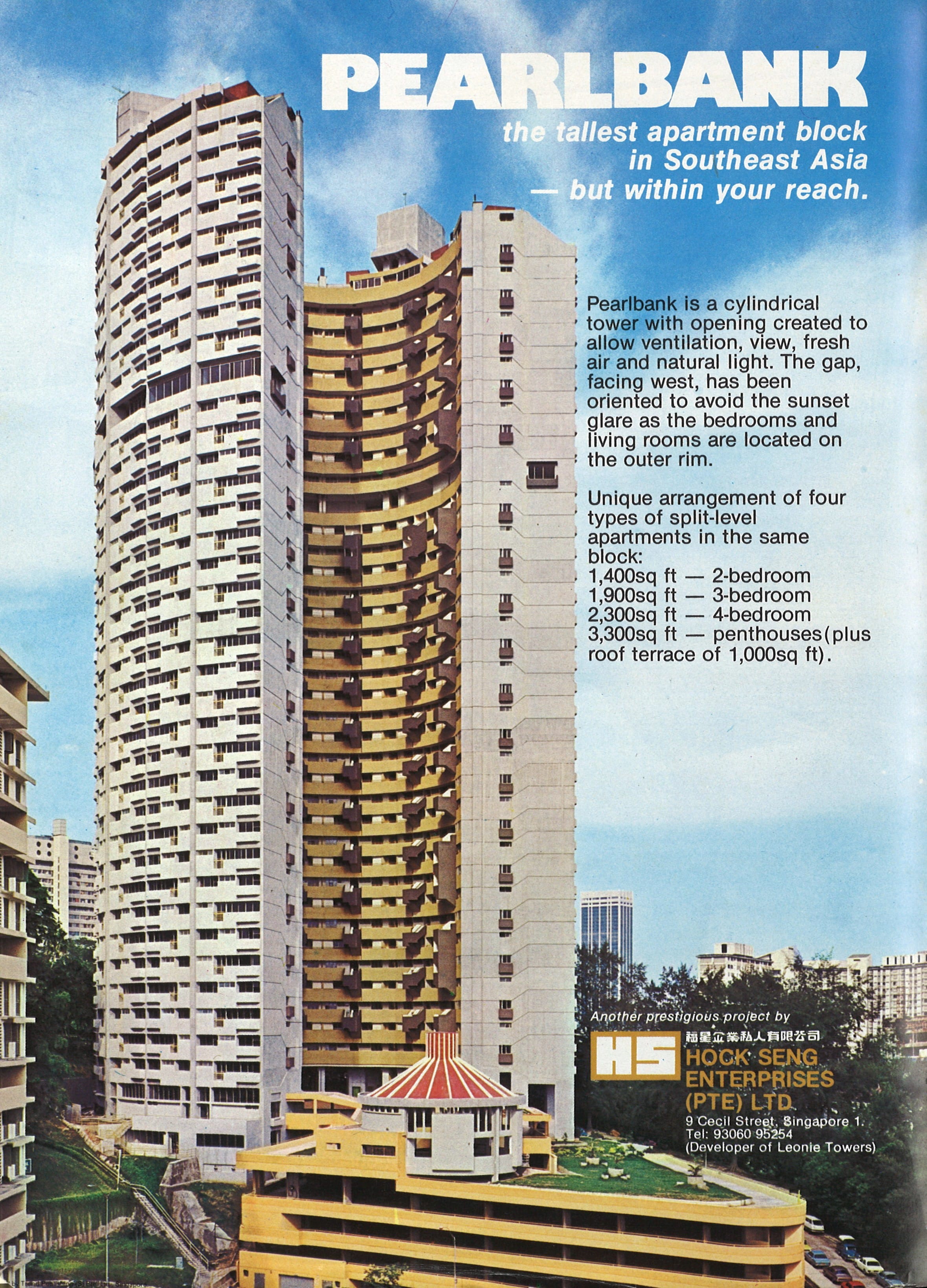 Tall cylindrical apartment building with various split-level units, advertised as the tallest in Southeast Asia.