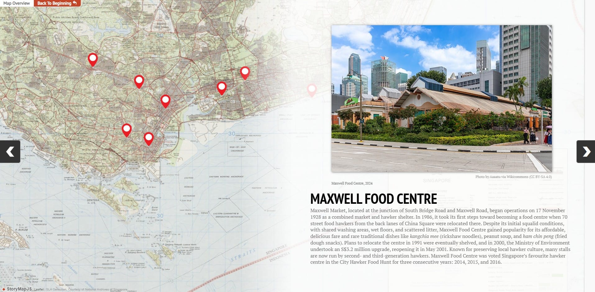 A map marked with red location pins; inset shows a photo of Maxwell Food Centre with urban buildings in the background.