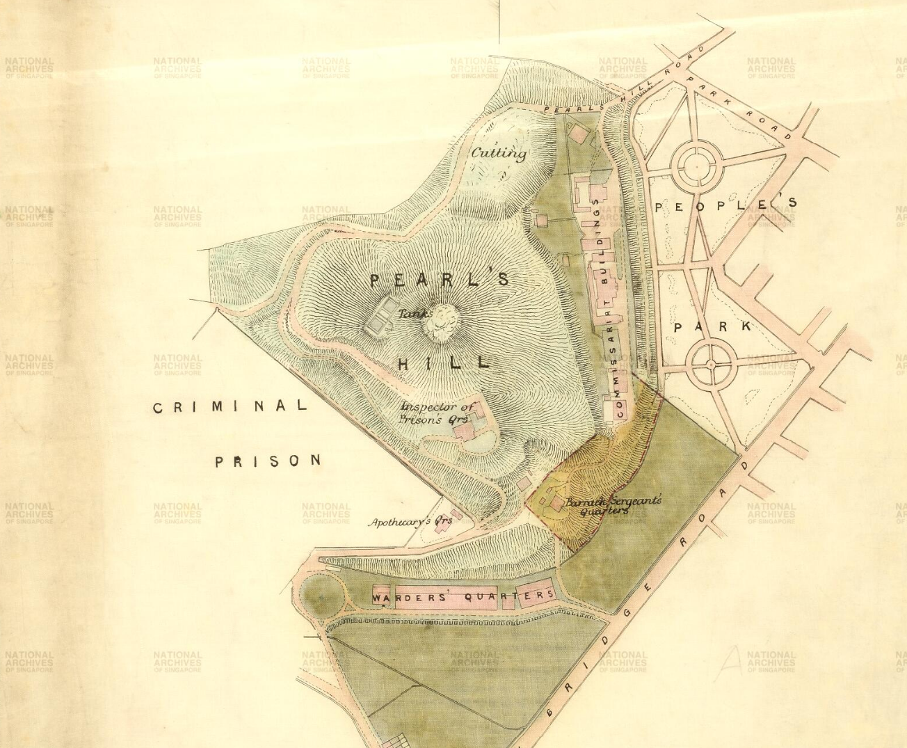 Map showing Pearls Hill, Criminal Prison, People's Park, and surrounding roads and quarters.