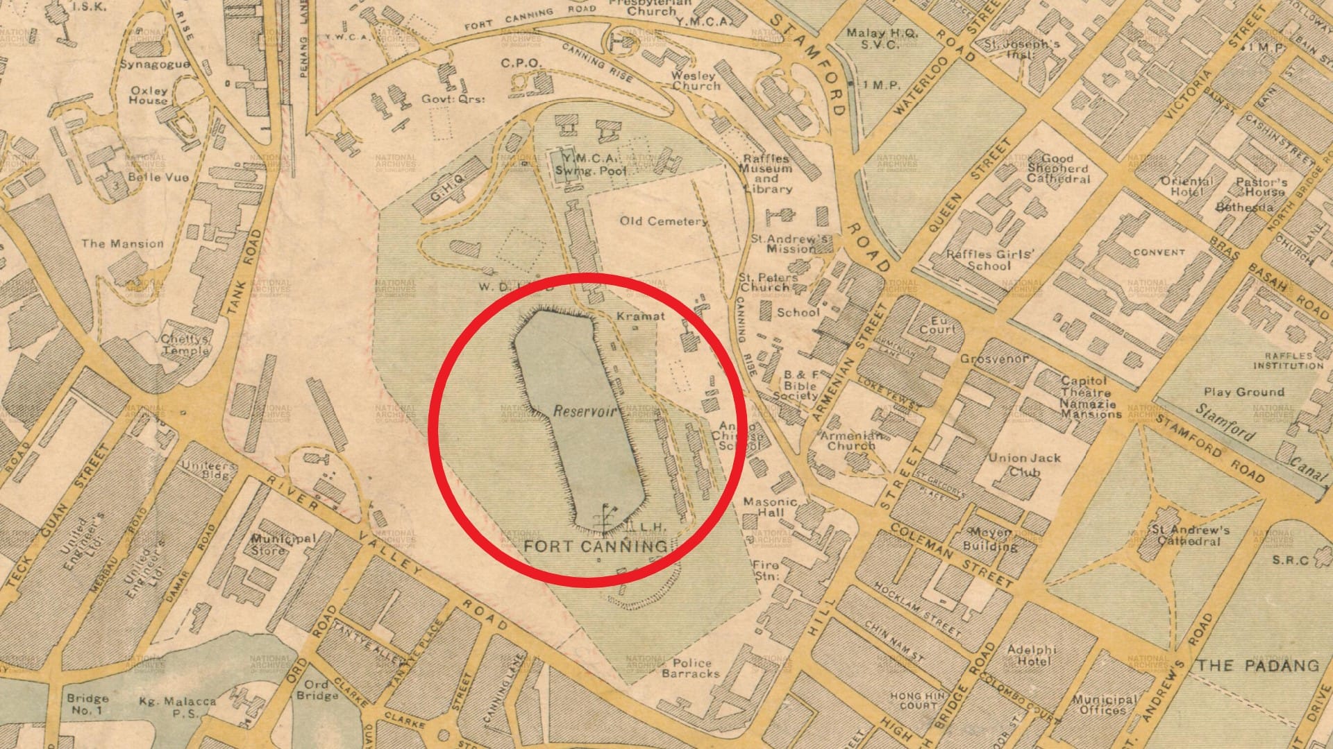 Service reservoir fort canning on a map