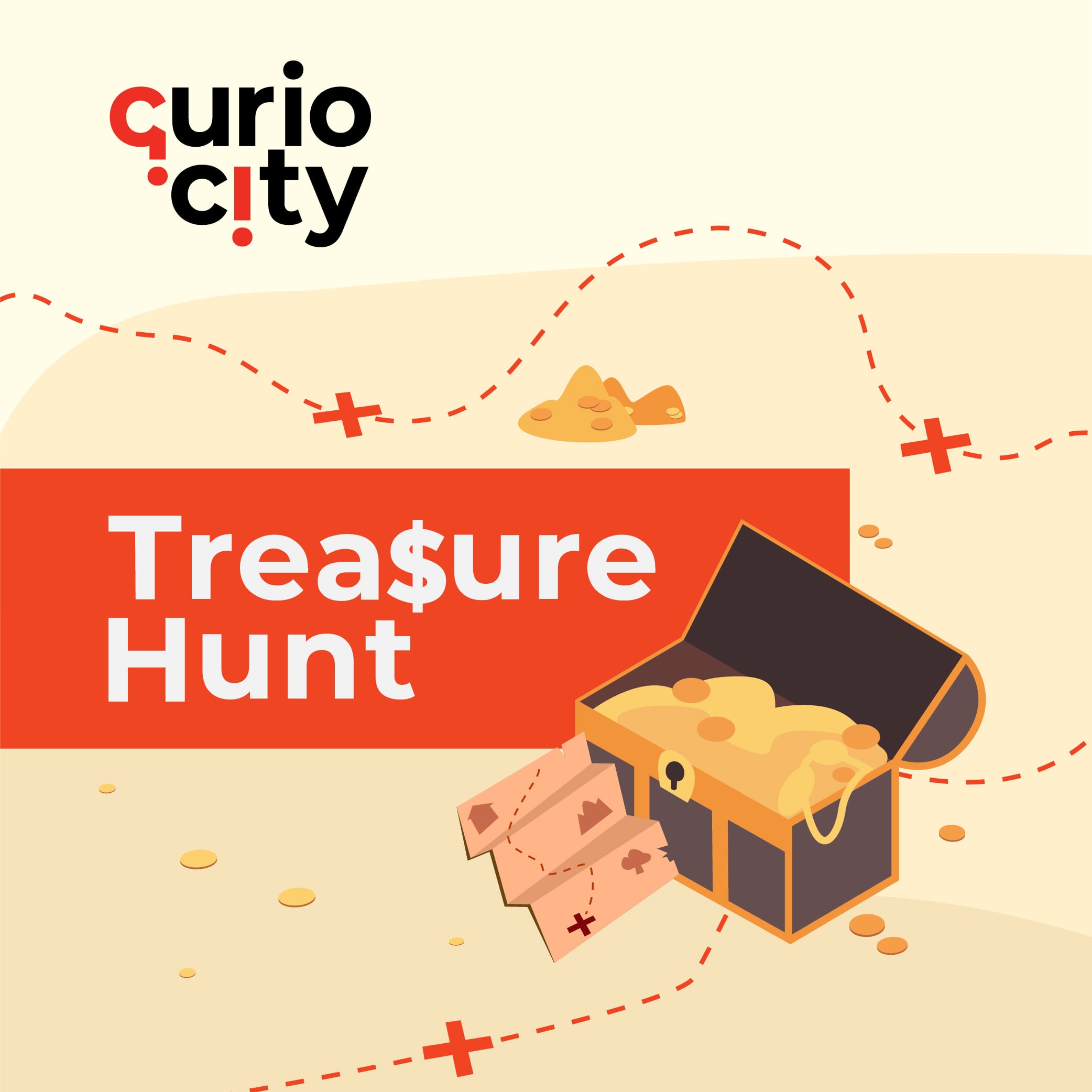 Illustration of treasure chest, gold coins, and "Curio City Treasure Hunt" text over a map background.