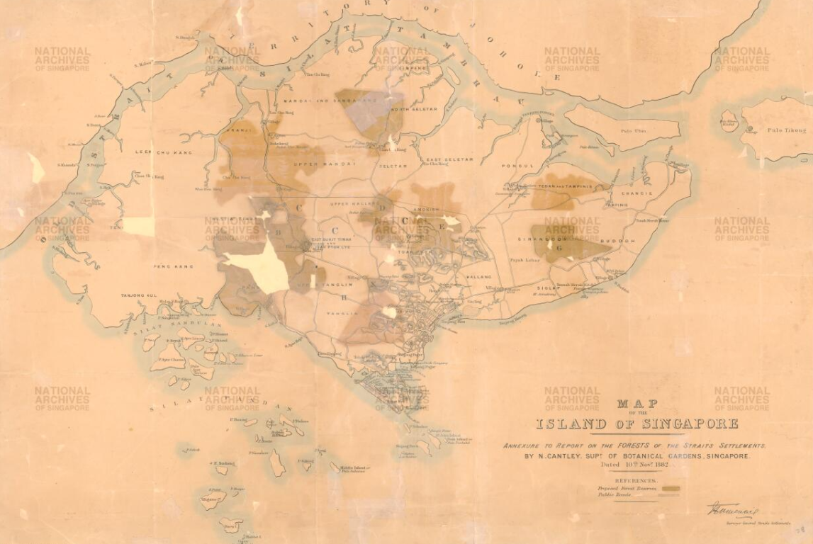 ap above shows the location of the forest reserves (shaded) that Cantley proposed in his 1883 report