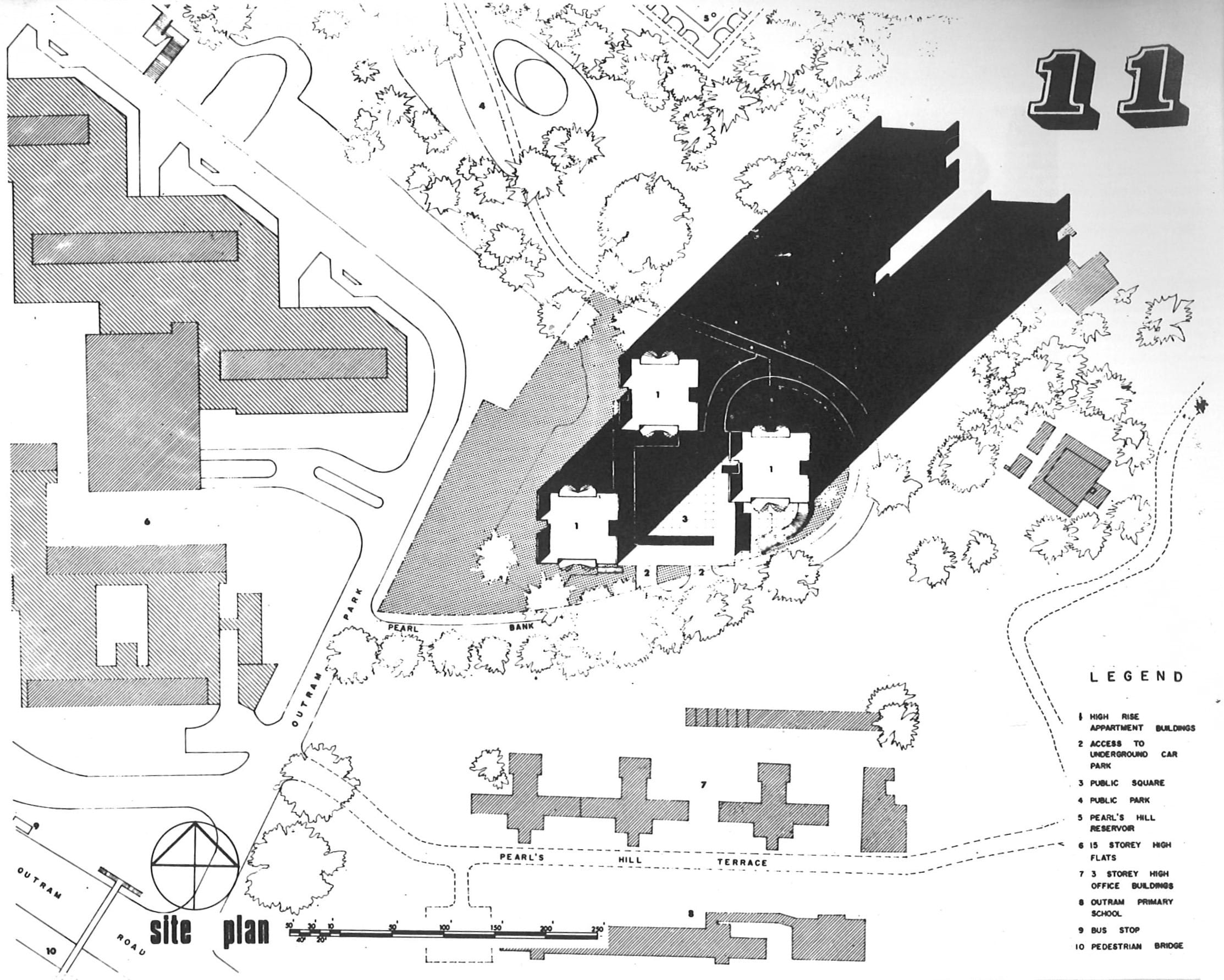 Black and white site plan shows buildings, roads, parking, green areas, and number 11 in the top right corner.