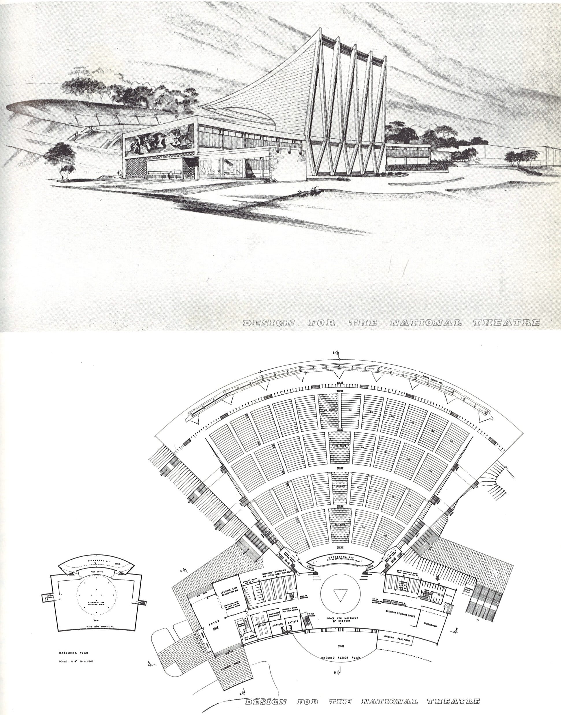 Architectural design and floor plan of a proposed National Theatre with a modern exterior and a detailed seating layout.