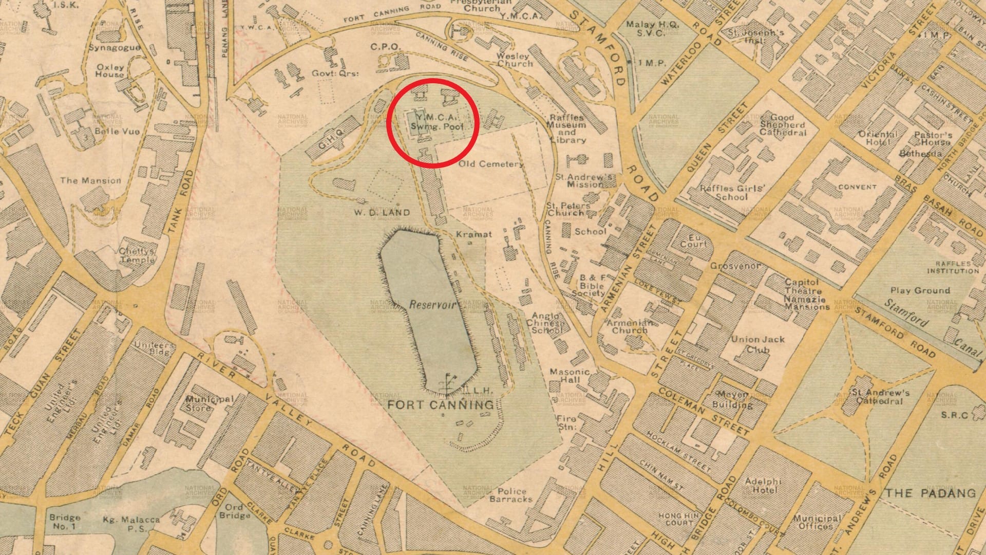 YMCA swimming pool on Fort Canning Hill on a map