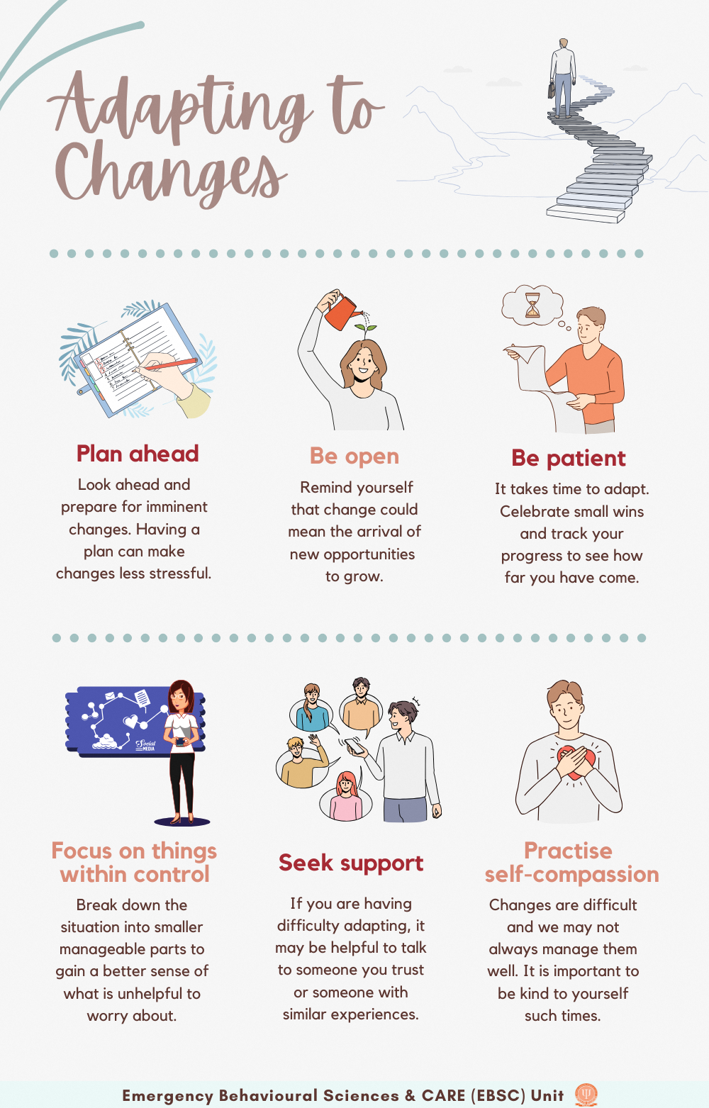 An infographic titled "Adapting to Changes" with tips including planning ahead, being open, being patient, focusing on things within control, seeking support, and practising self-compassion.