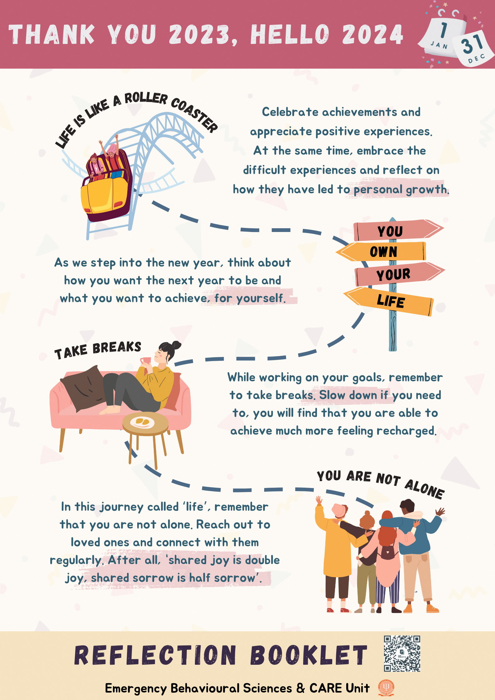 Infographic on reflecting on the past year: celebrating achievements and growth from the past year, setting personally meaningful goals for the next year, remembering self-care while achieving goals and reach out to loved ones.