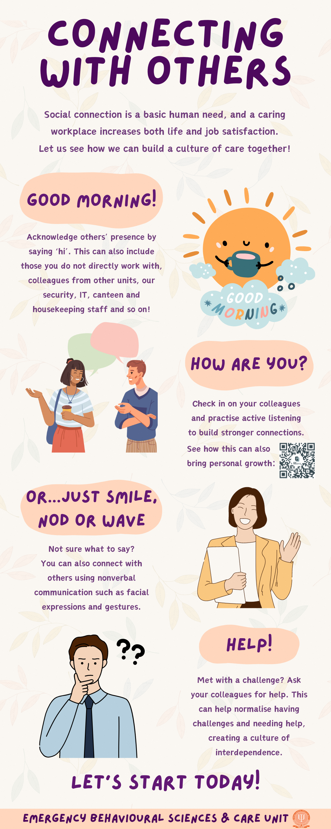 A poster about connecting with colleagues, checking on them, using nonverbal communication, and asking for help.