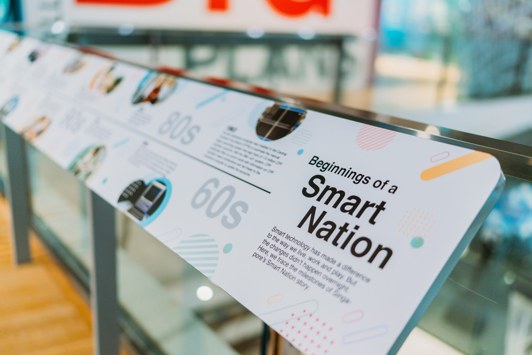 Photo of an exhibition panel showcasing the beginnings of Singapore's Smart Nation journey.