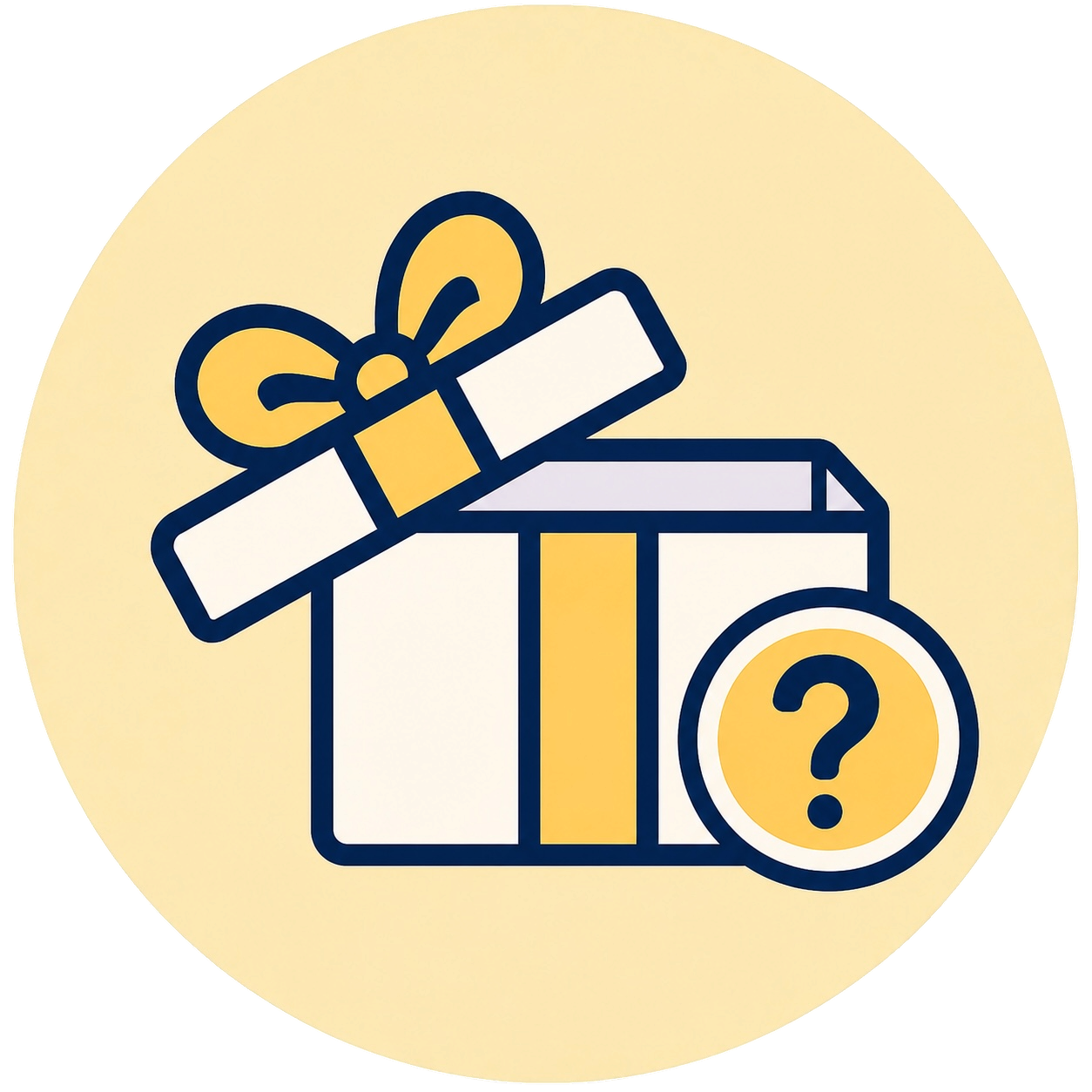 Gift box with a question mark badge inside a pastel yellow circle