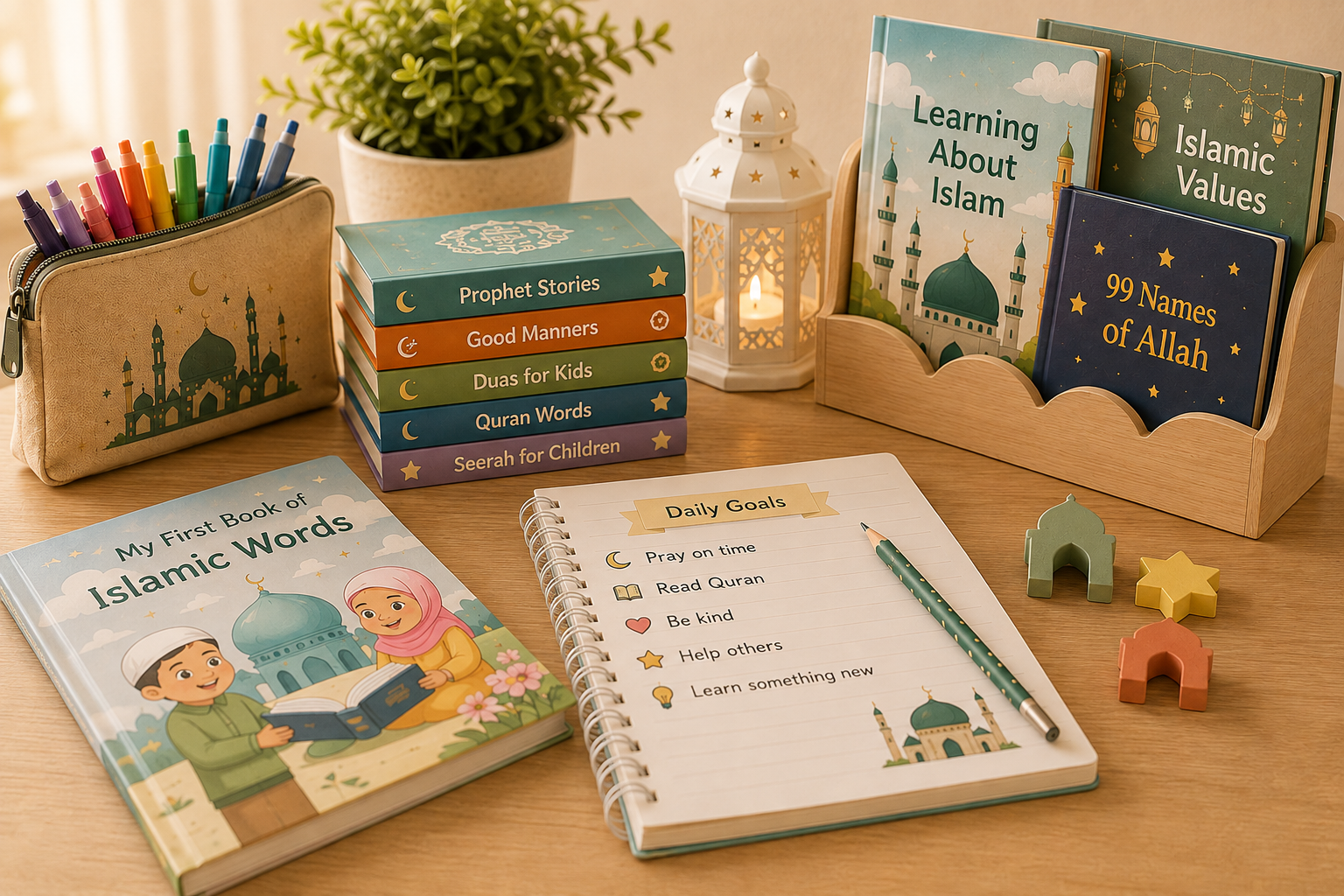 Islamic learning materials for children, including books on Quran, Prophet stories, duas and Islamic values, with stationery and a study notebook.