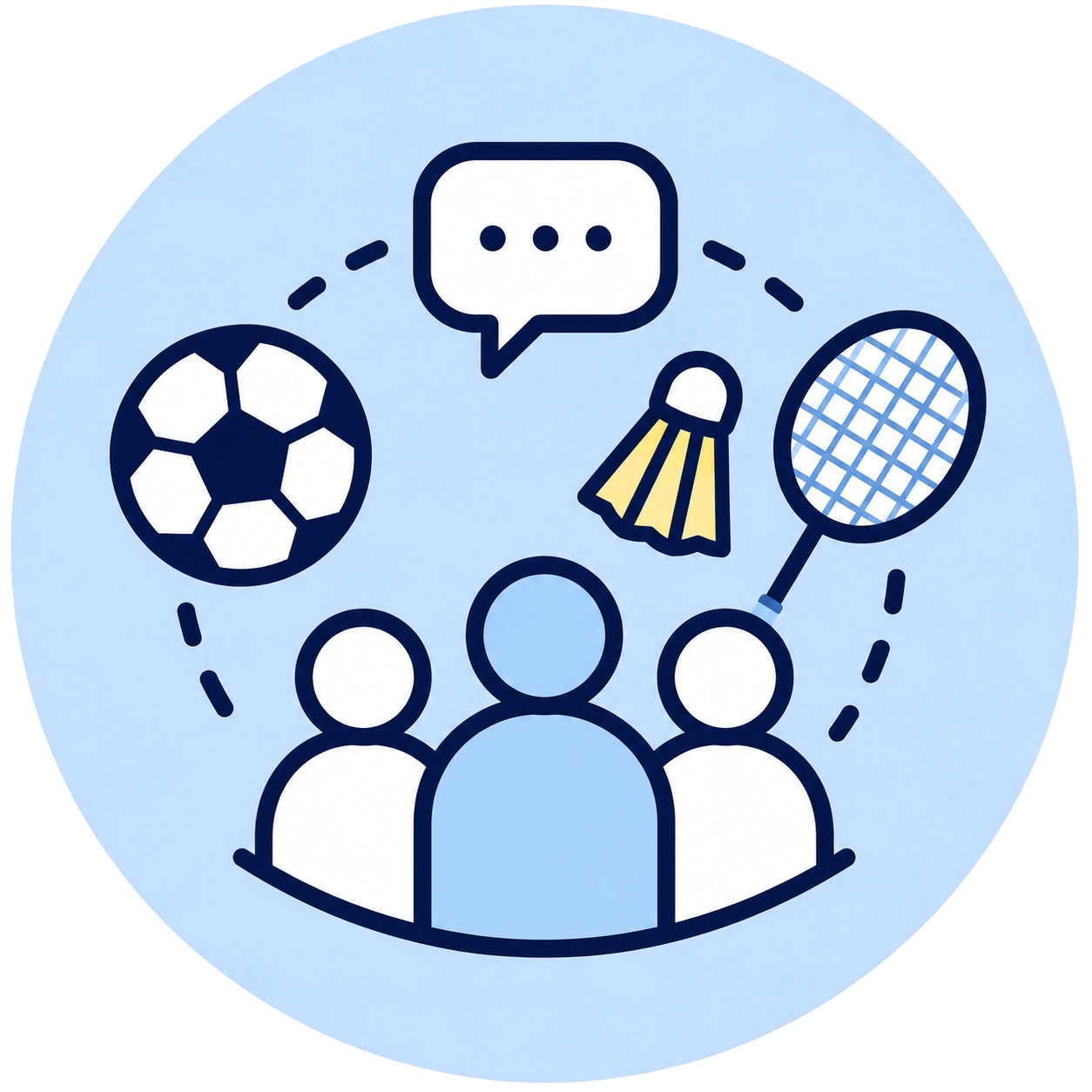 Group of people surrounded by a football, badminton shuttlecock, badminton racket, and speech bubble