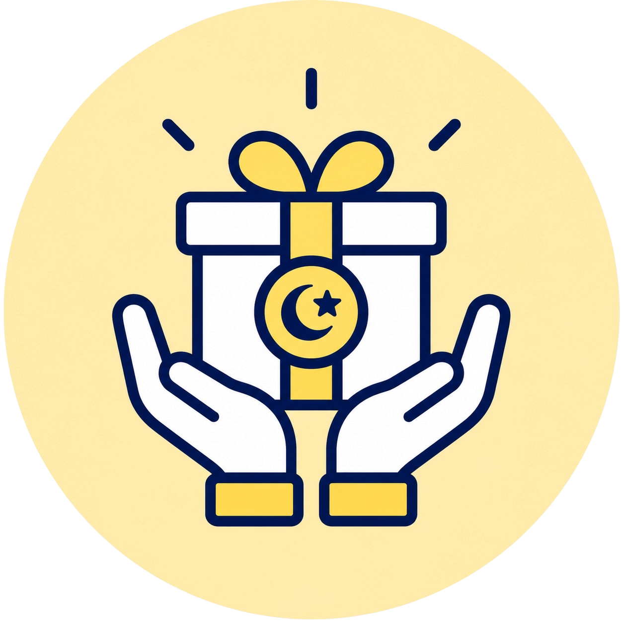 Hands holding gift box with a crescent and star emblem
